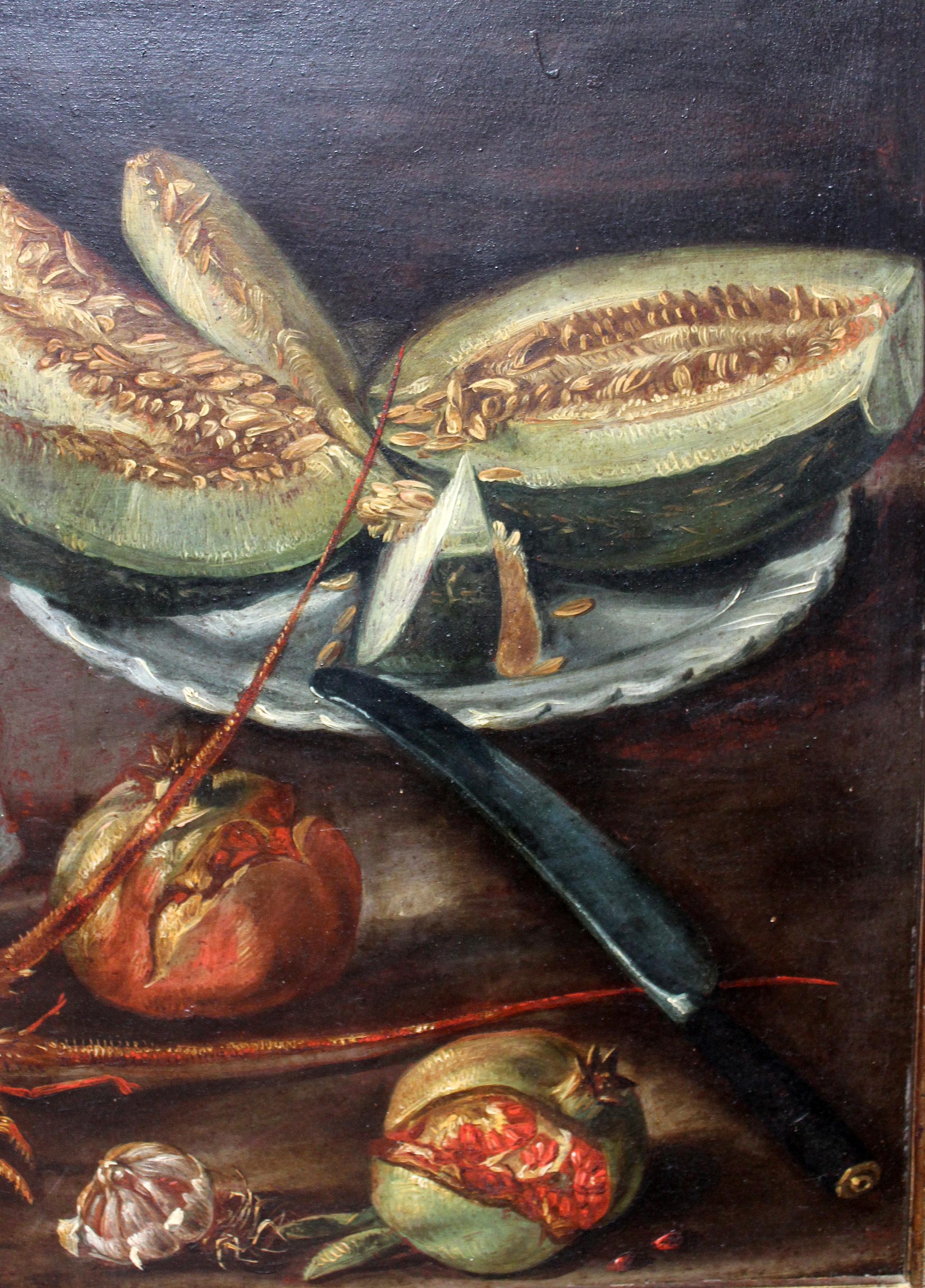 19th Century Spanish Bodegon with Lobster and Melon Still Life Oil on Carton In Good Condition In Marbella, ES