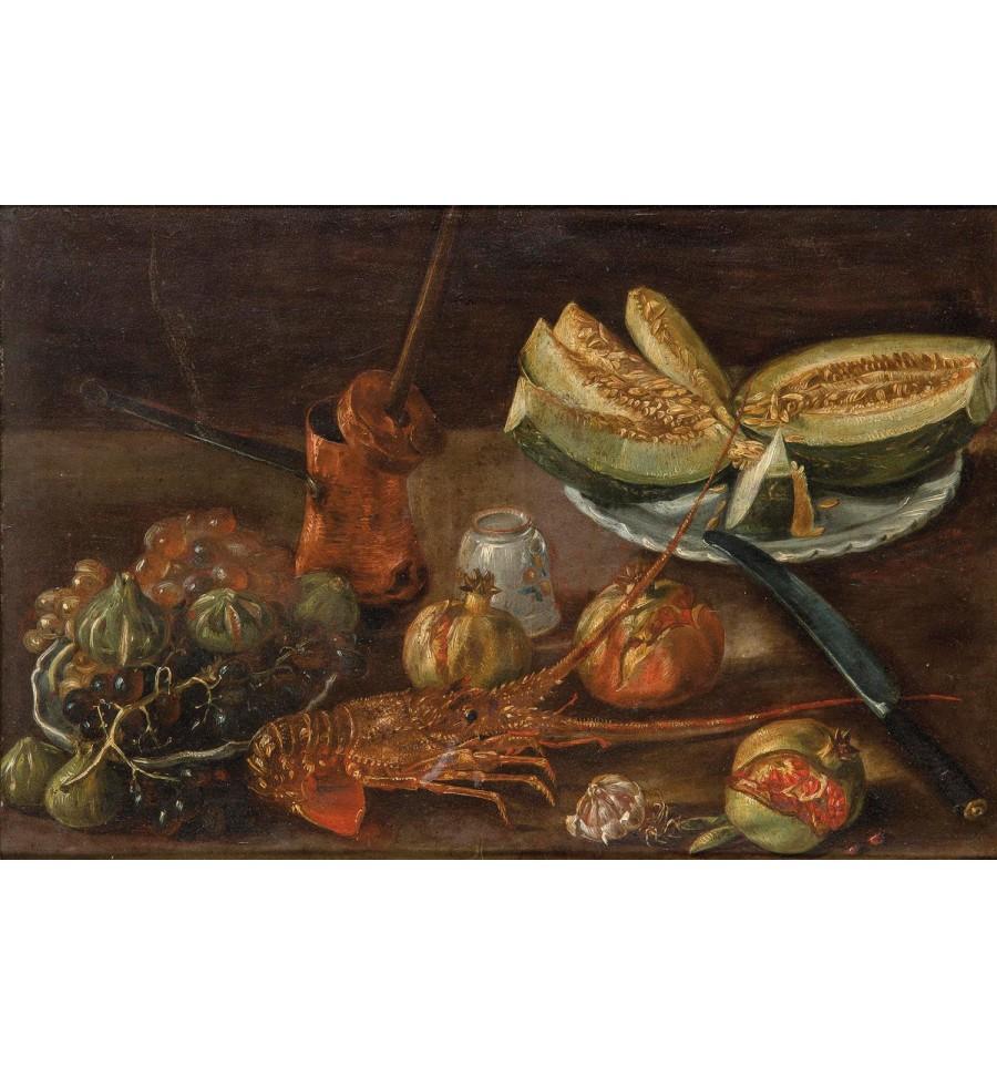 19th Century Spanish Bodegon with Lobster and Melon Still Life Oil on Carton