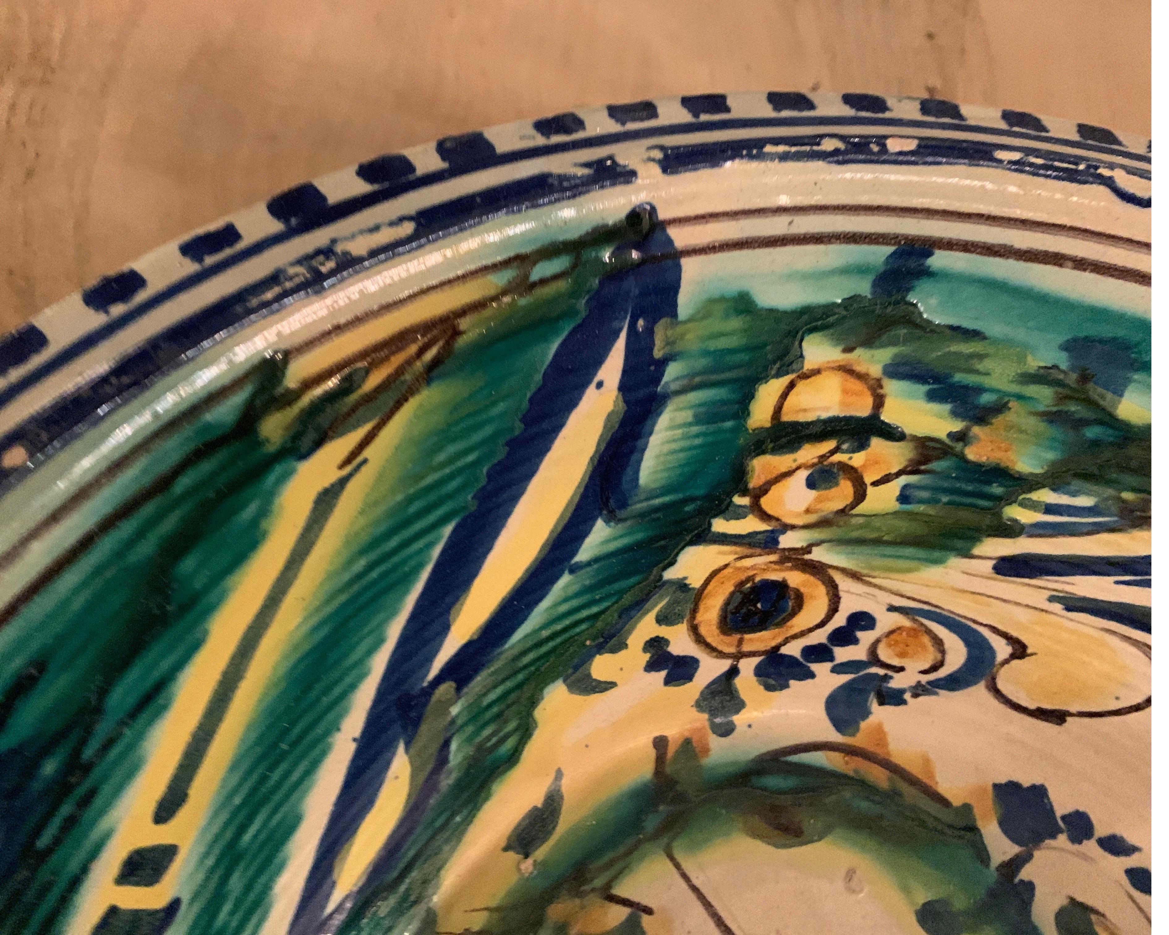 19th Century Spanish Bowl from Andalusia with Bird Motif in Green, Blue, Yellow 5