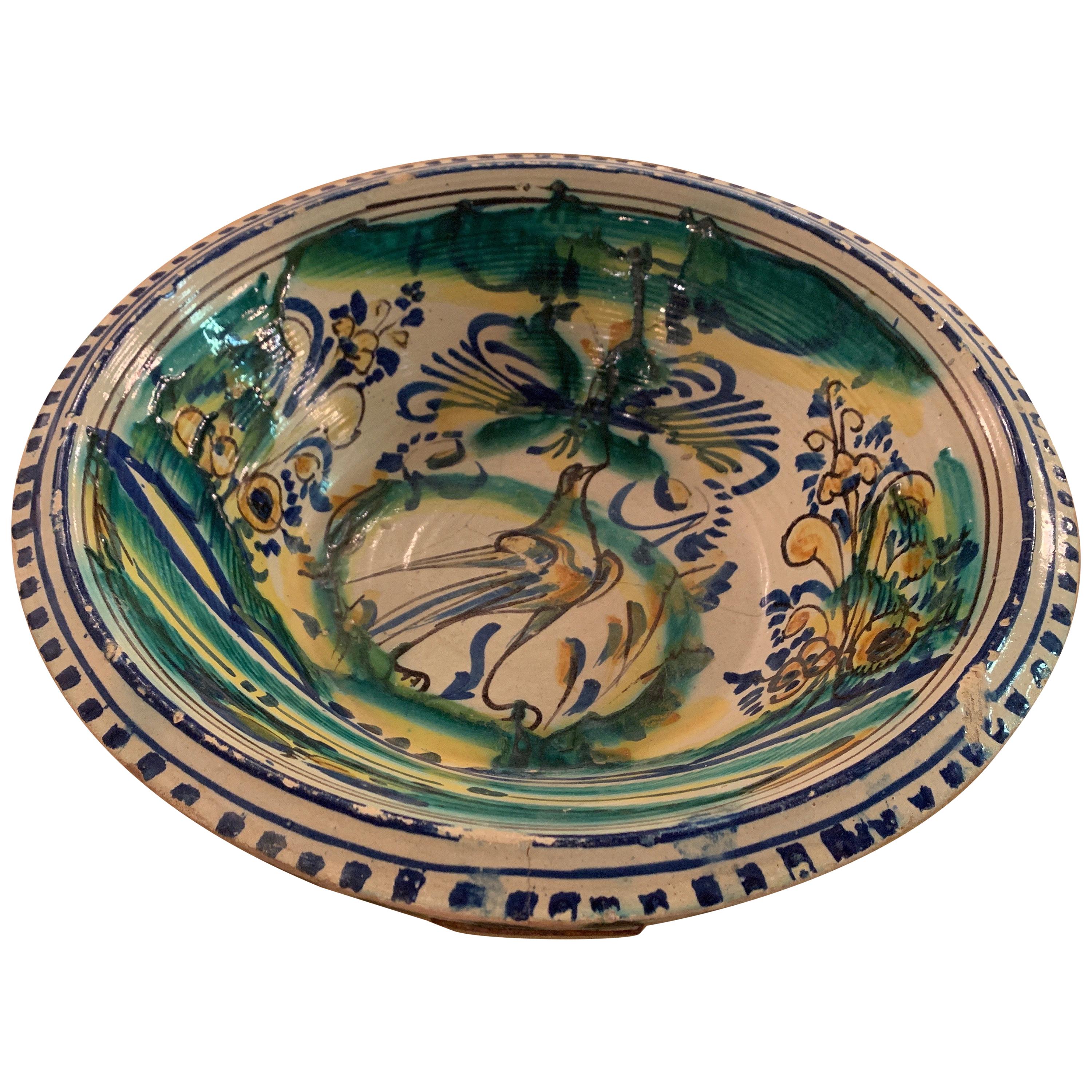 19th Century Spanish Bowl from Andalusia with Bird Motif in Green, Blue, Yellow