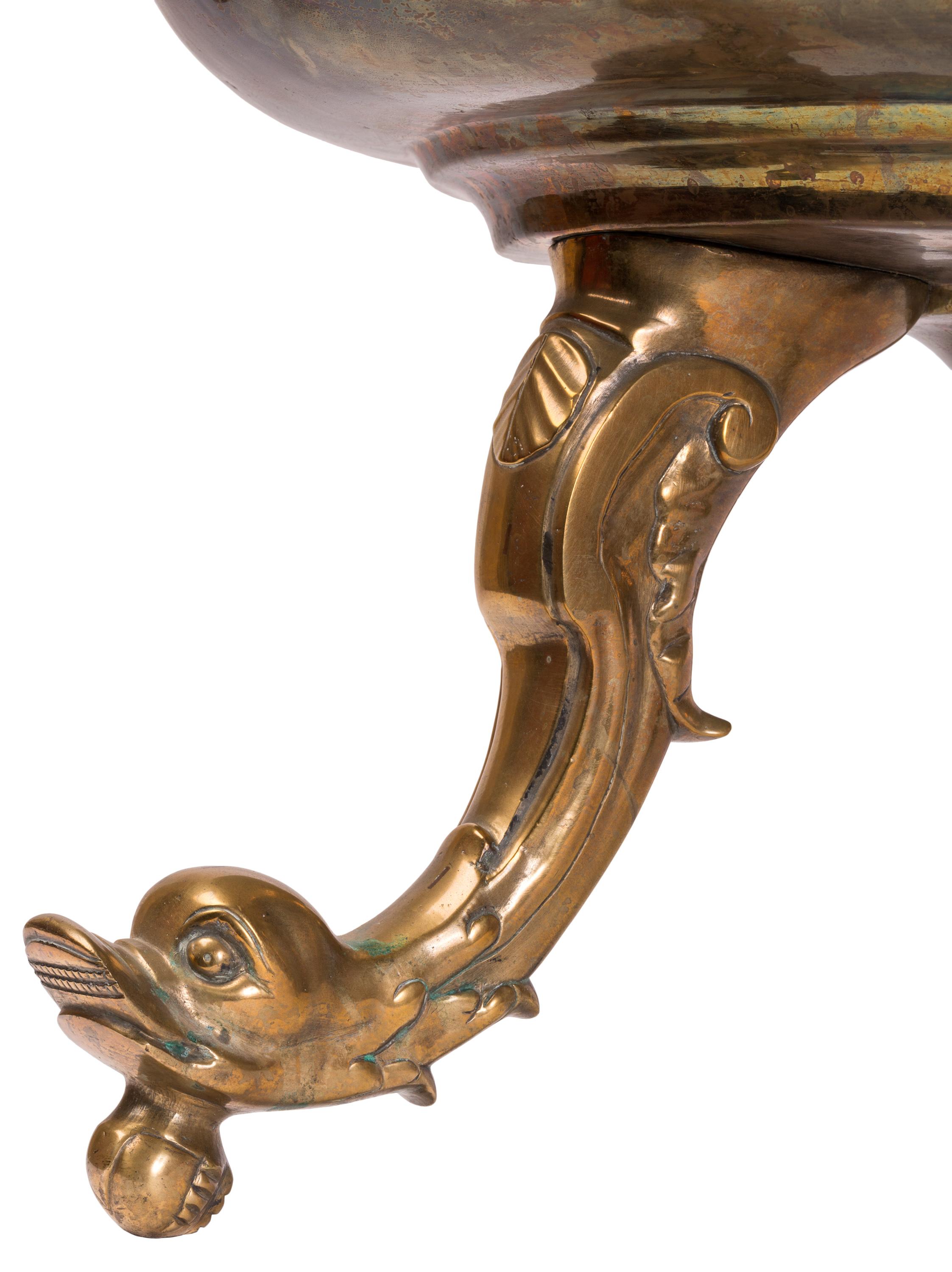 Renaissance 19th Century Spanish Brass Dolphin Foot Brazier / Planter For Sale