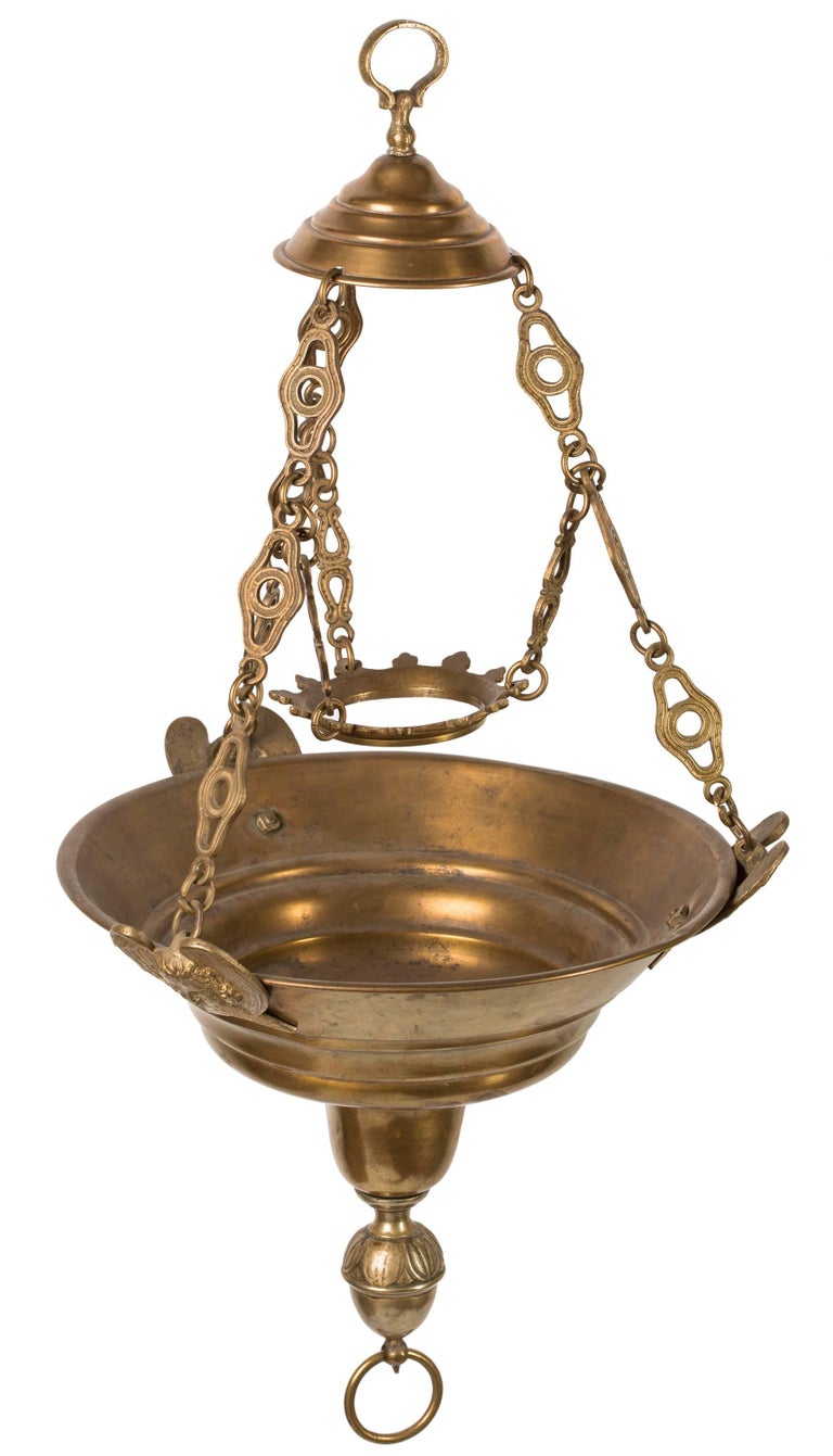 19th Century Spanish Brass Hanging Church Sanctuary Lamp With Angels 19th Century Spanish Brass Hanging Church Sanctuary Lamp With Angels In Good Condition For
