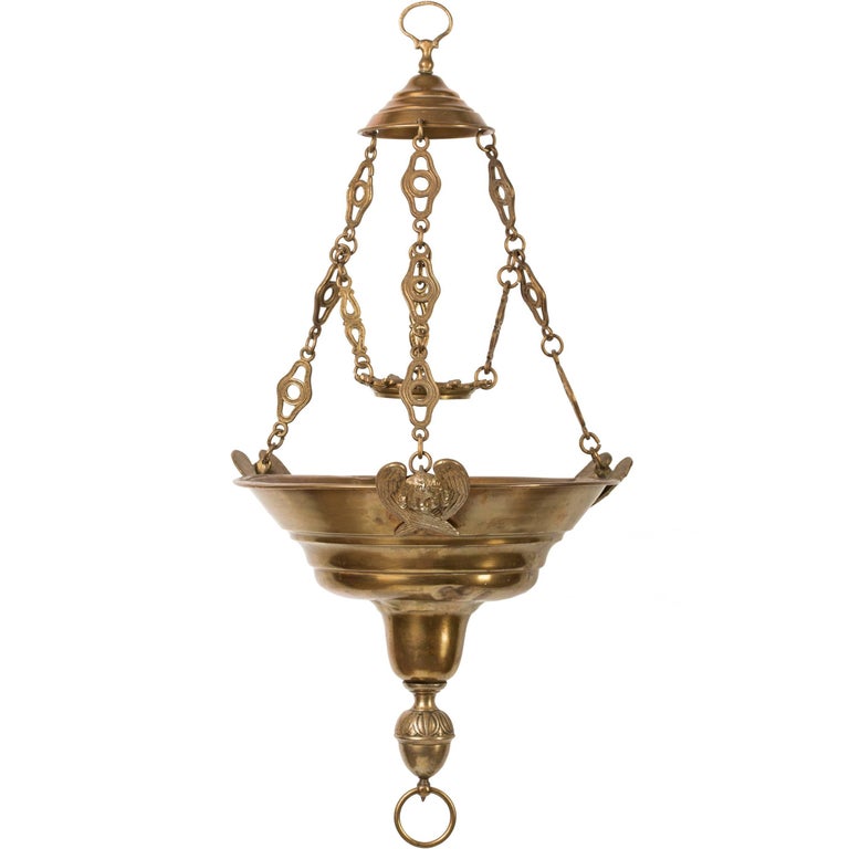 19th Century Spanish Brass Hanging Church Sanctuary Lamp with Angels