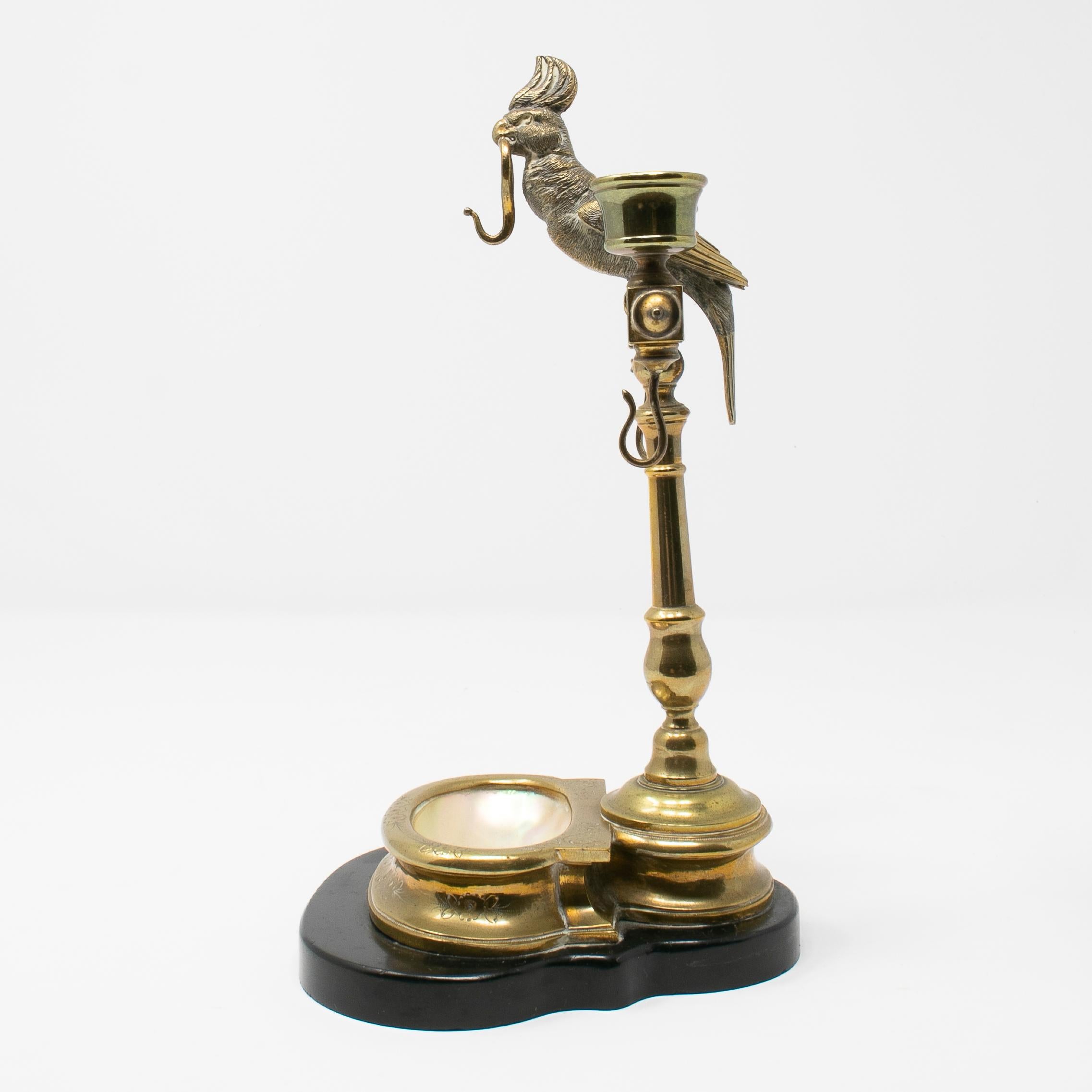 19th Century Spanish Bronze and Mother of Pearl Watch Stand Topped with a Parrot For Sale 1