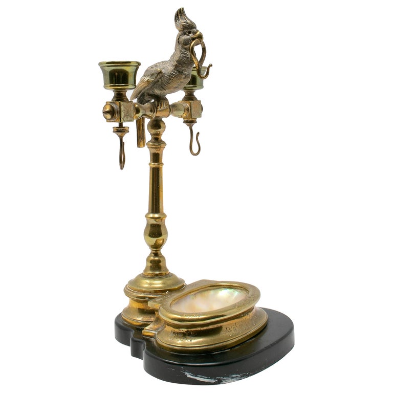 19th Century Spanish Bronze and Mother of Pearl Watch Stand Topped with a Parrot For Sale