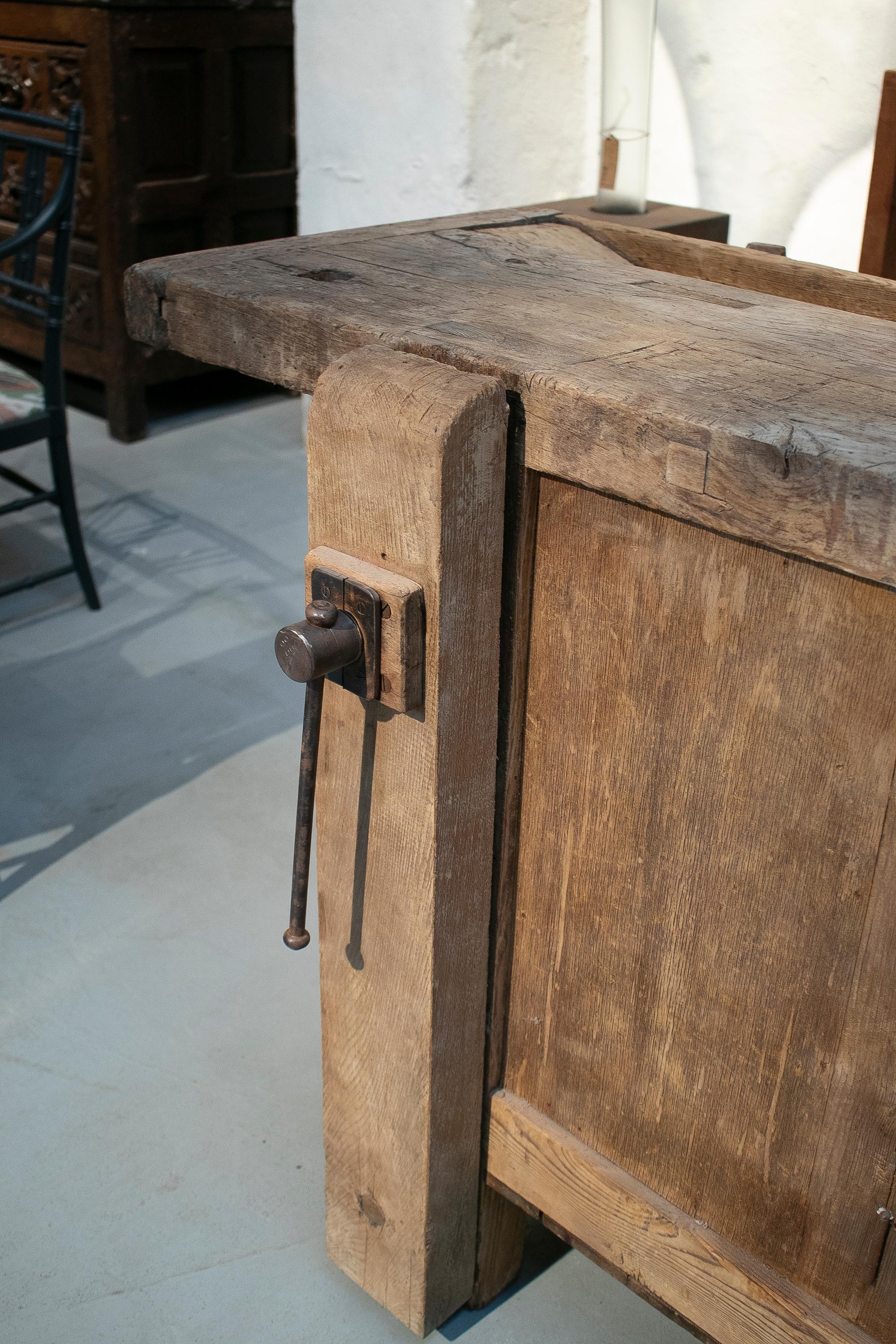 Wood 19th Century Spanish Carpenters Workbench Table w/ Iron Hardware