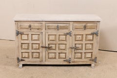 19th Century Spanish Carved and Painted Wood Cream Buffet with White Marble Top