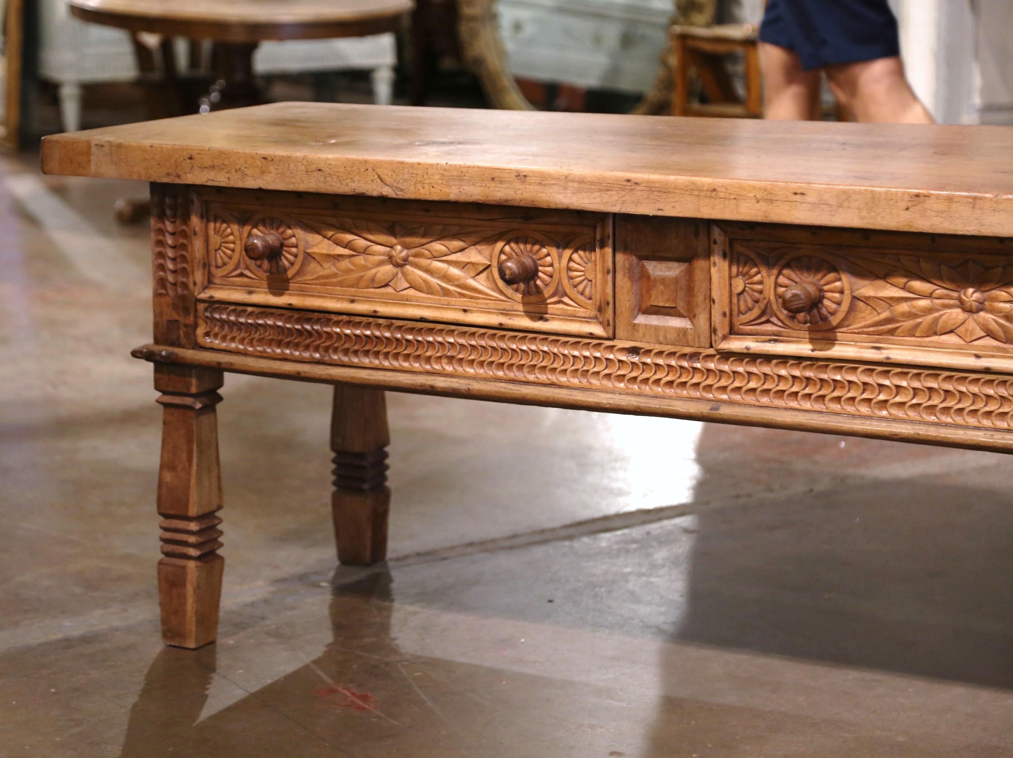 Hand-Carved 19th Century Spanish Carved Bleached Walnut Two Drawers Cocktail Coffee Table For Sale