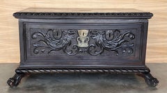 19th Century Spanish Carved Cassone Trunk with Original Hardware and Three Locks