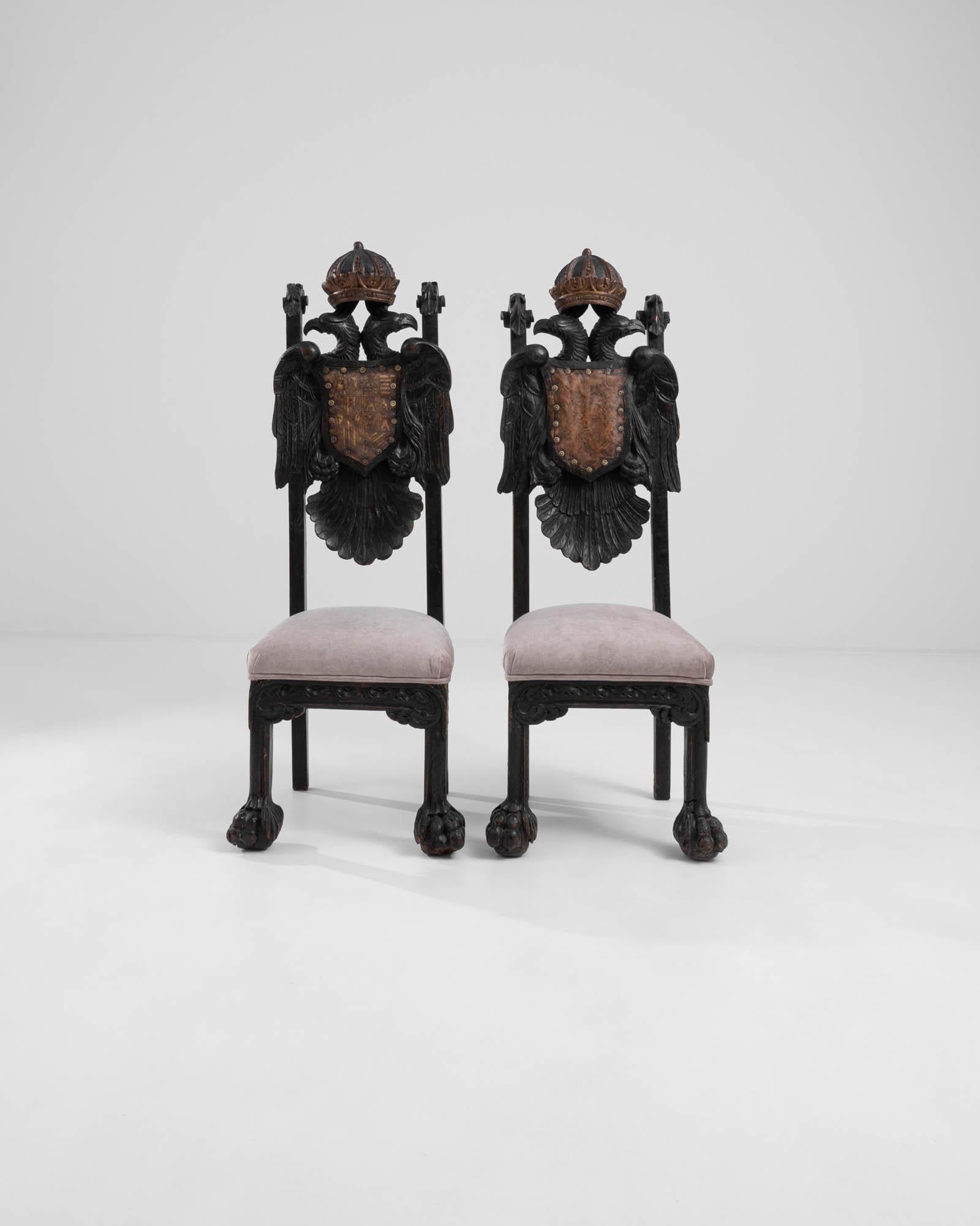 Upholstery 19th Century Spanish Carved Coat of Arms Side Chairs, a Pair