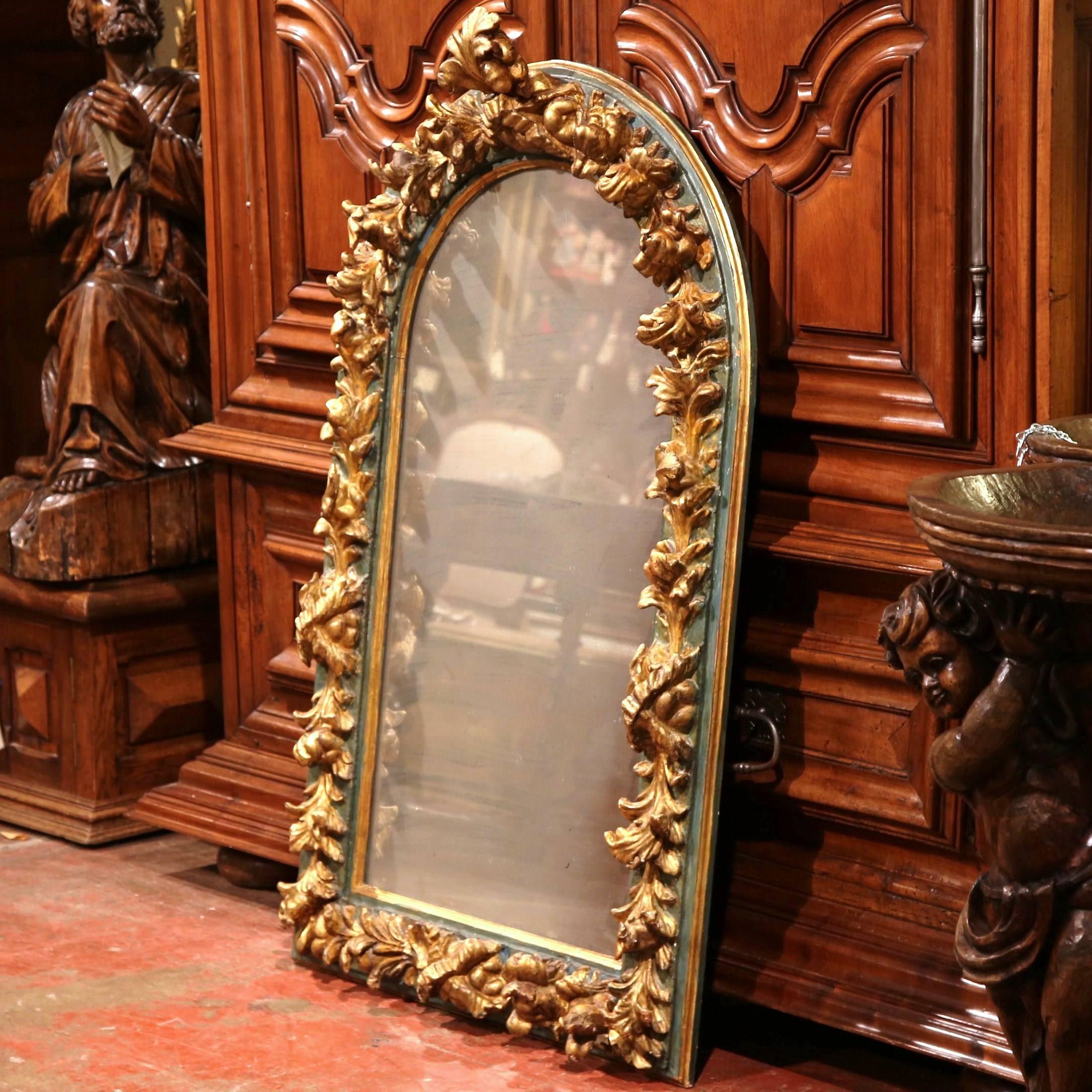Baroque 19th Century Spanish Carved Giltwood Polychrome Wall Mirror with Smoked Glass