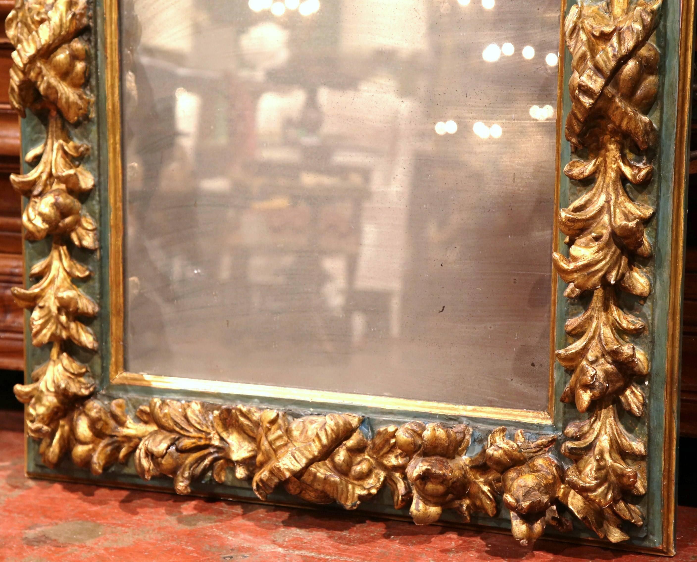 Hand-Carved 19th Century Spanish Carved Giltwood Polychrome Wall Mirror with Smoked Glass