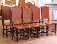 19th Century Spanish Carved Oak Dining Chairs with Leather Seats, Set of Eight