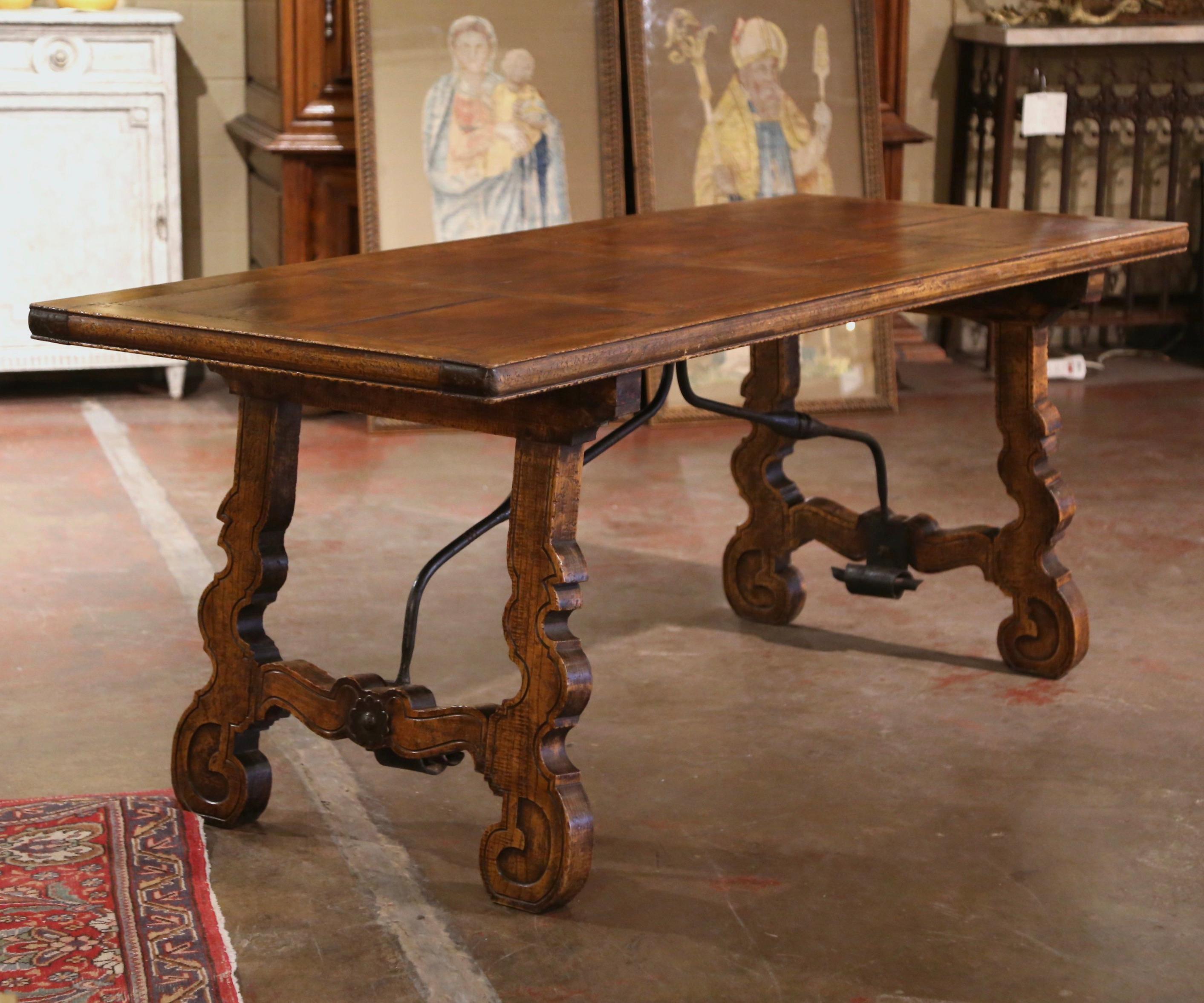 19th Century Spanish Carved Parquet Top Chestnut & Iron Stretcher Dining Table 6