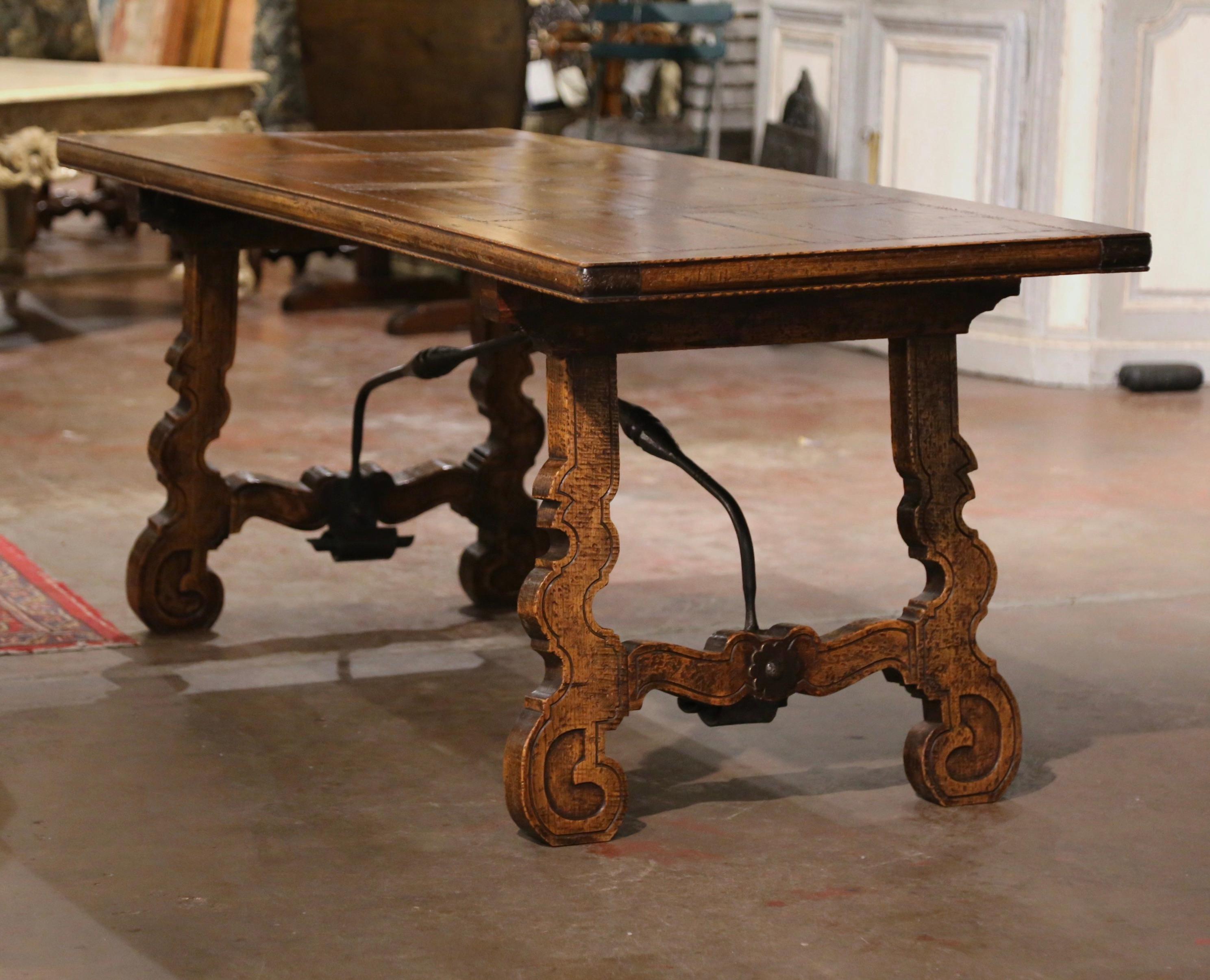 19th Century Spanish Carved Parquet Top Chestnut & Iron Stretcher Dining Table 7