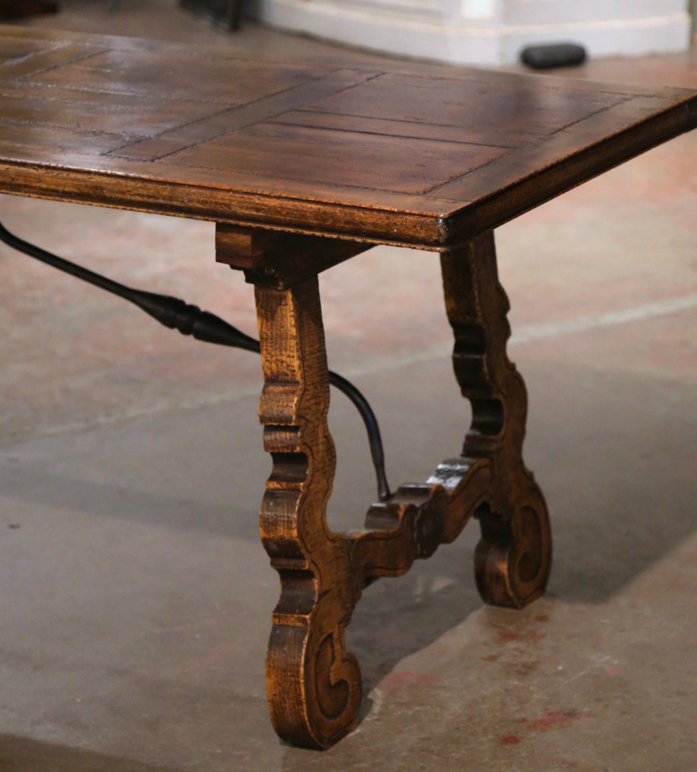 Hand-Carved 19th Century Spanish Carved Parquet Top Chestnut & Iron Stretcher Dining Table