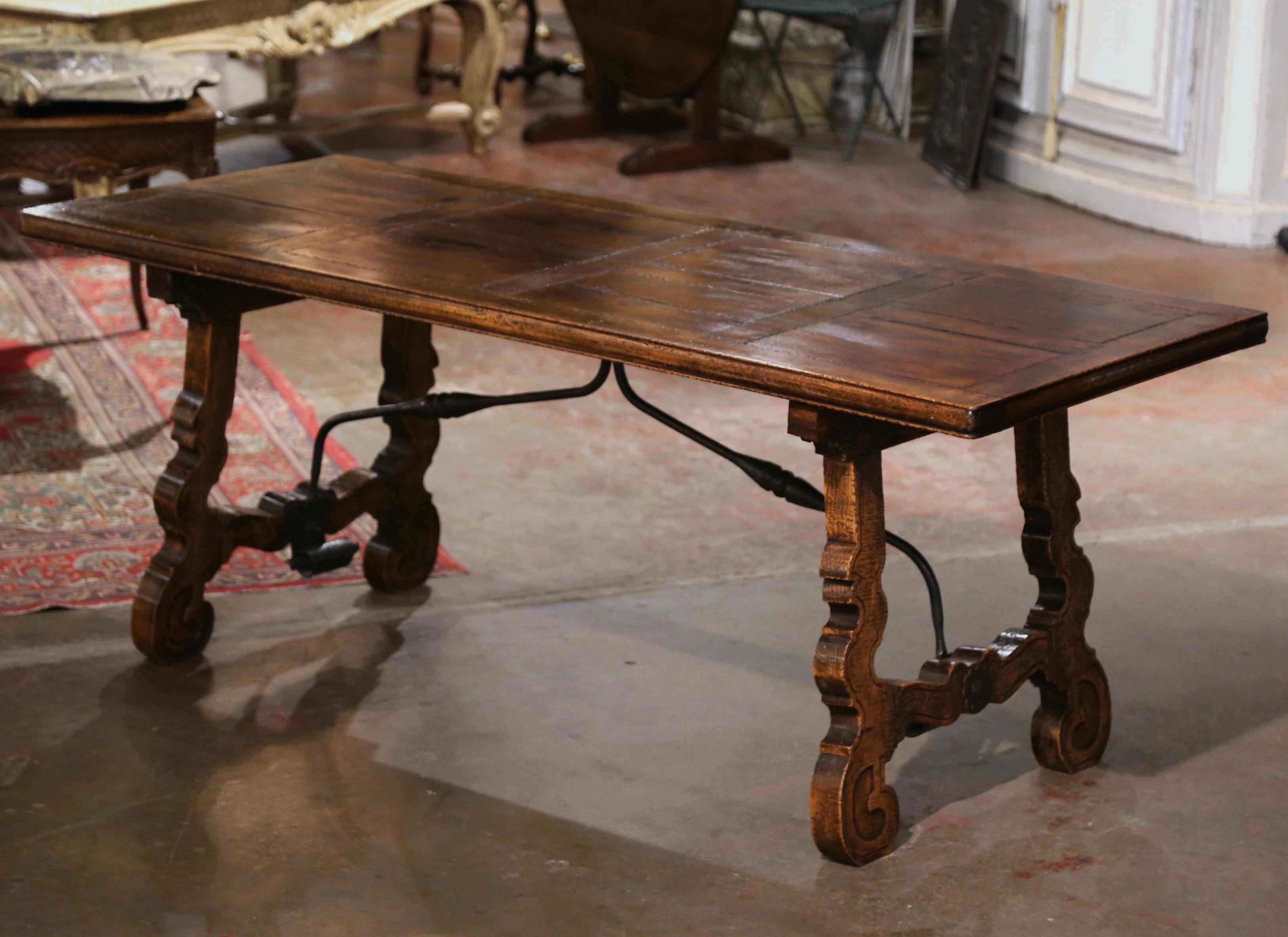 19th Century Spanish Carved Parquet Top Chestnut & Iron Stretcher Dining Table In Excellent Condition In Dallas, TX