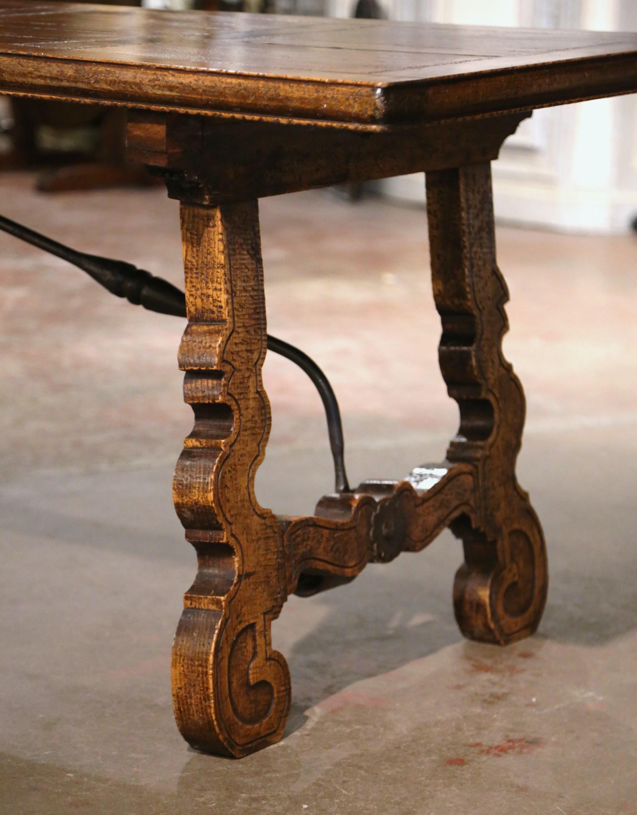 Oak 19th Century Spanish Carved Parquet Top Chestnut & Iron Stretcher Dining Table