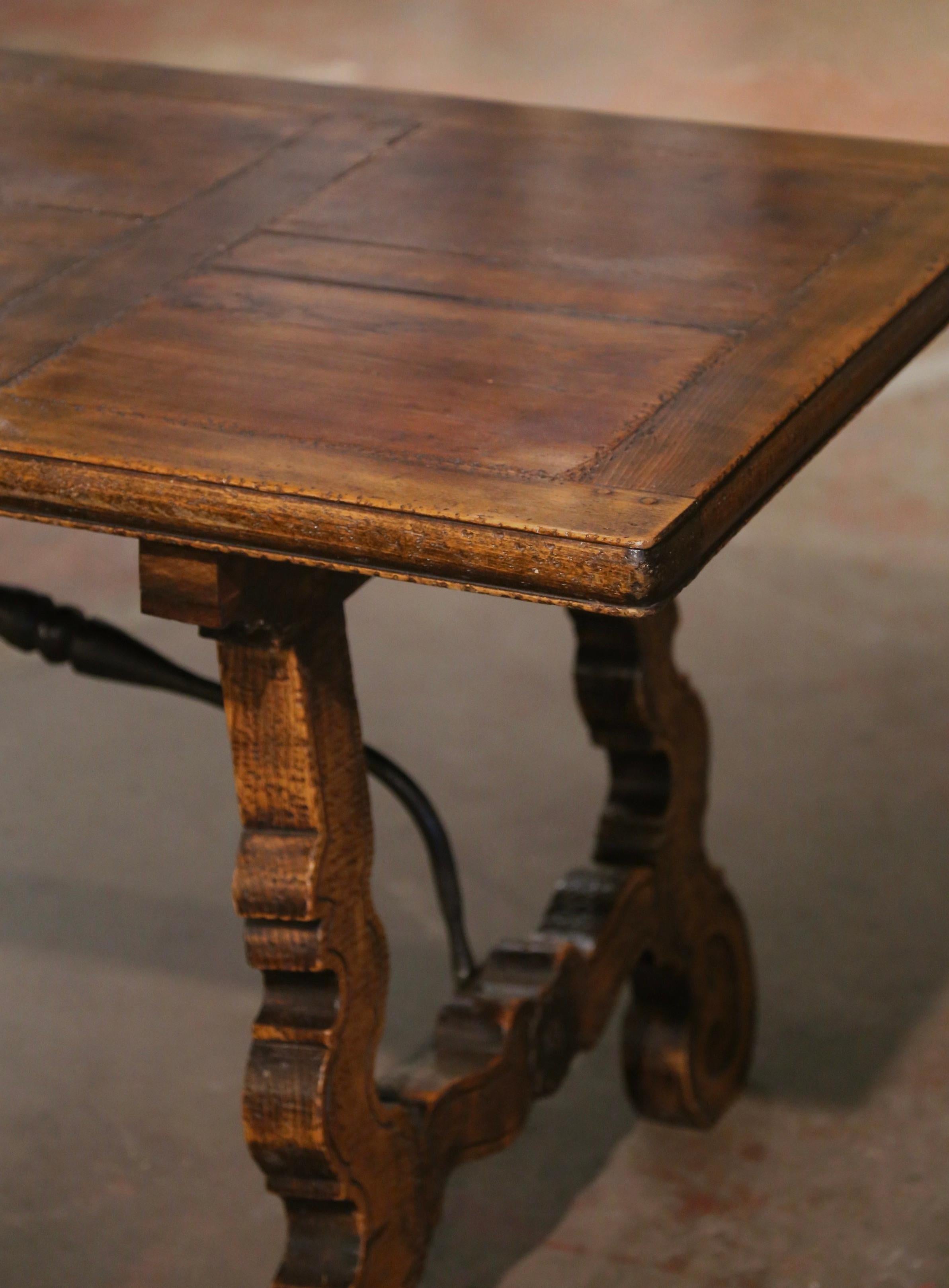 19th Century Spanish Carved Parquet Top Chestnut & Iron Stretcher Dining Table 1