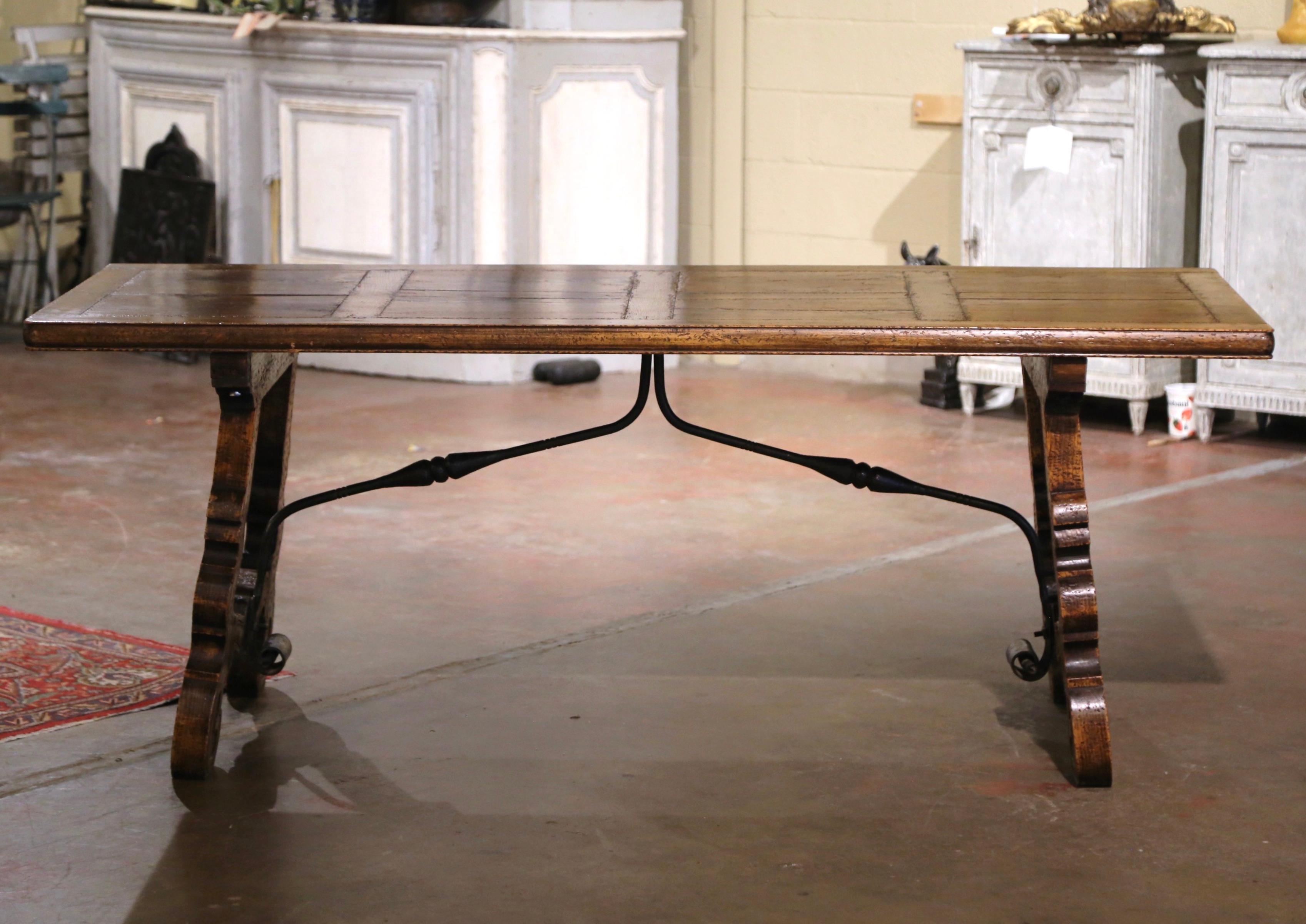 19th Century Spanish Carved Parquet Top Chestnut & Iron Stretcher Dining Table 2