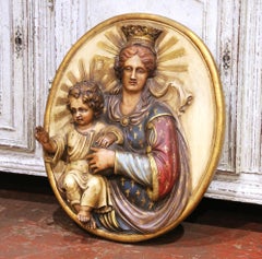 Tavola da parete spagnola del XIX secolo raffigurante la Madonna con il Bambino, intagliata, policroma e dipinta