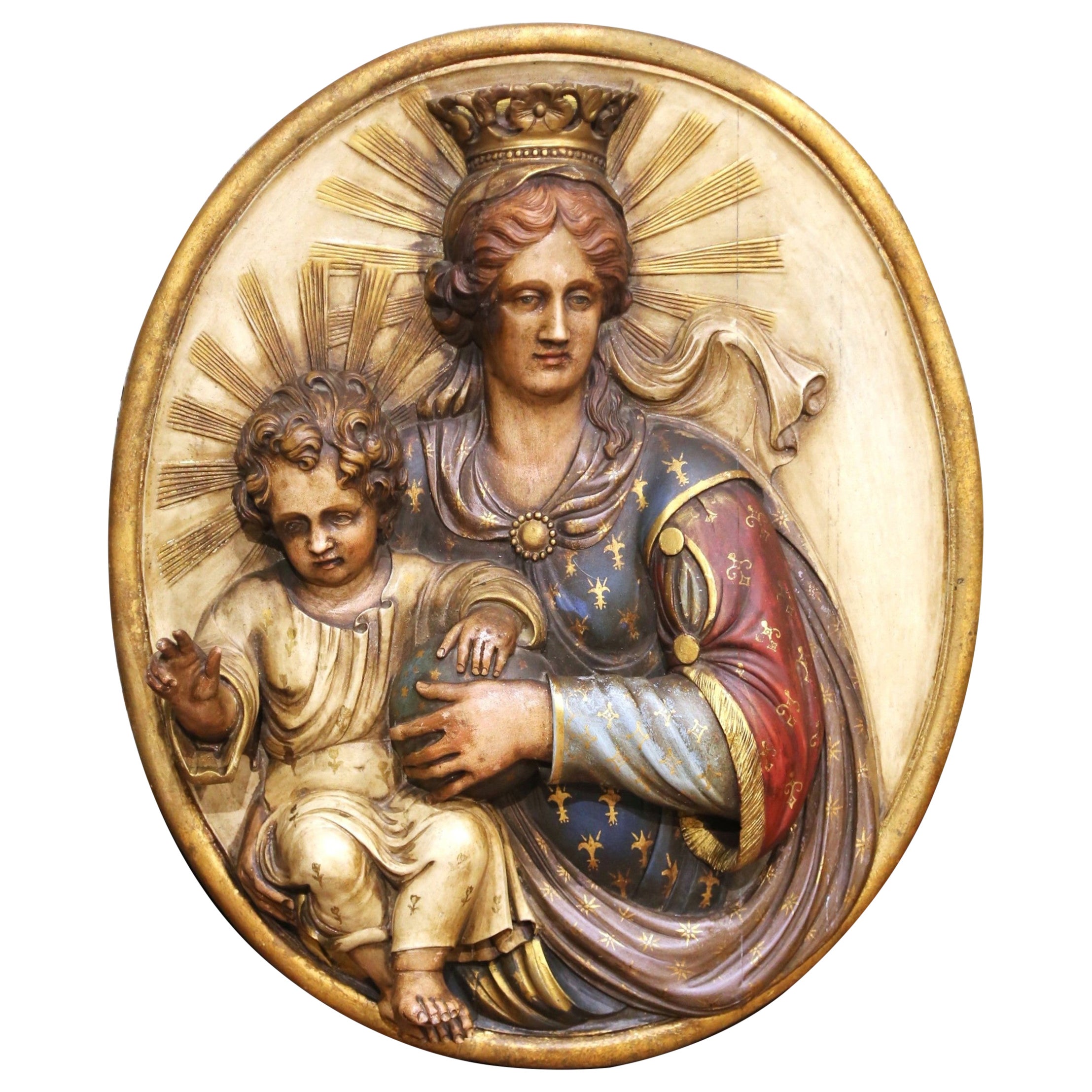 Plaque murale espagnole du XIXe siècle représentant la Vierge à l'Enfant, sculptée, polychrome et peinte en vente