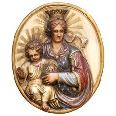 Tavola da parete spagnola del XIX secolo raffigurante la Madonna con il Bambino, intagliata, policroma e dipinta