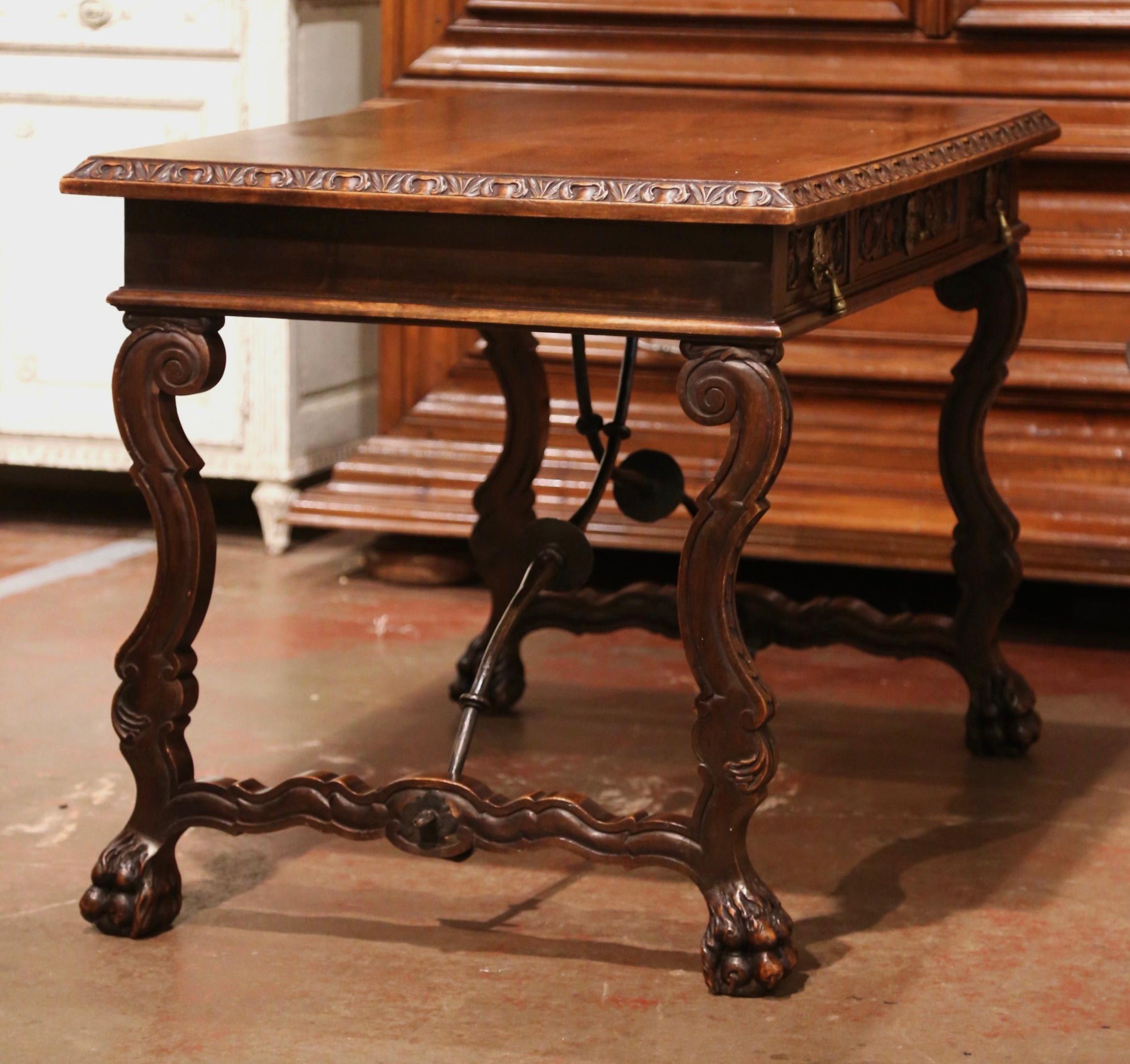 19th Century Spanish Carved Walnut and Iron Writing Table Desk with Drawers 6