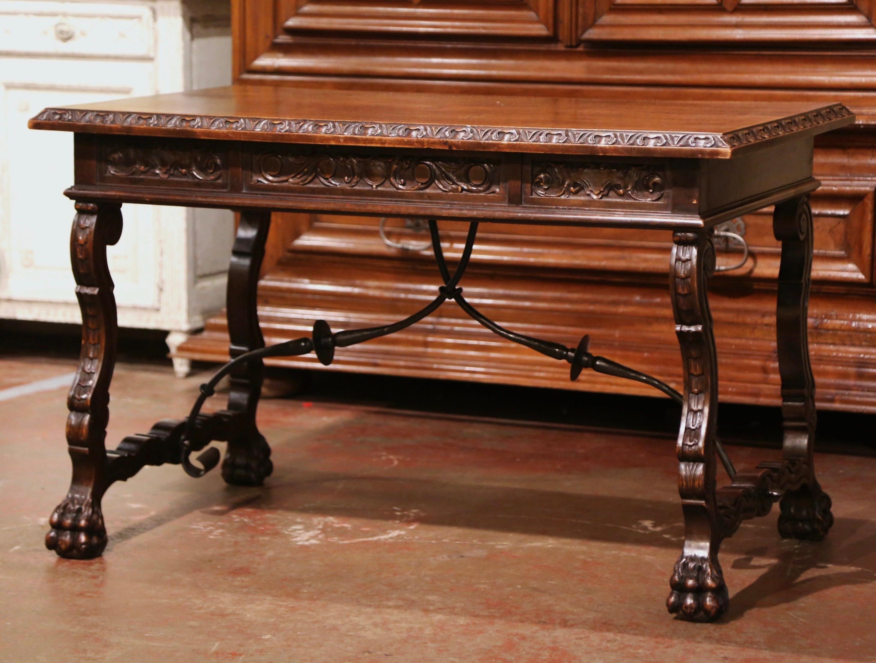 19th Century Spanish Carved Walnut and Iron Writing Table Desk with Drawers 7