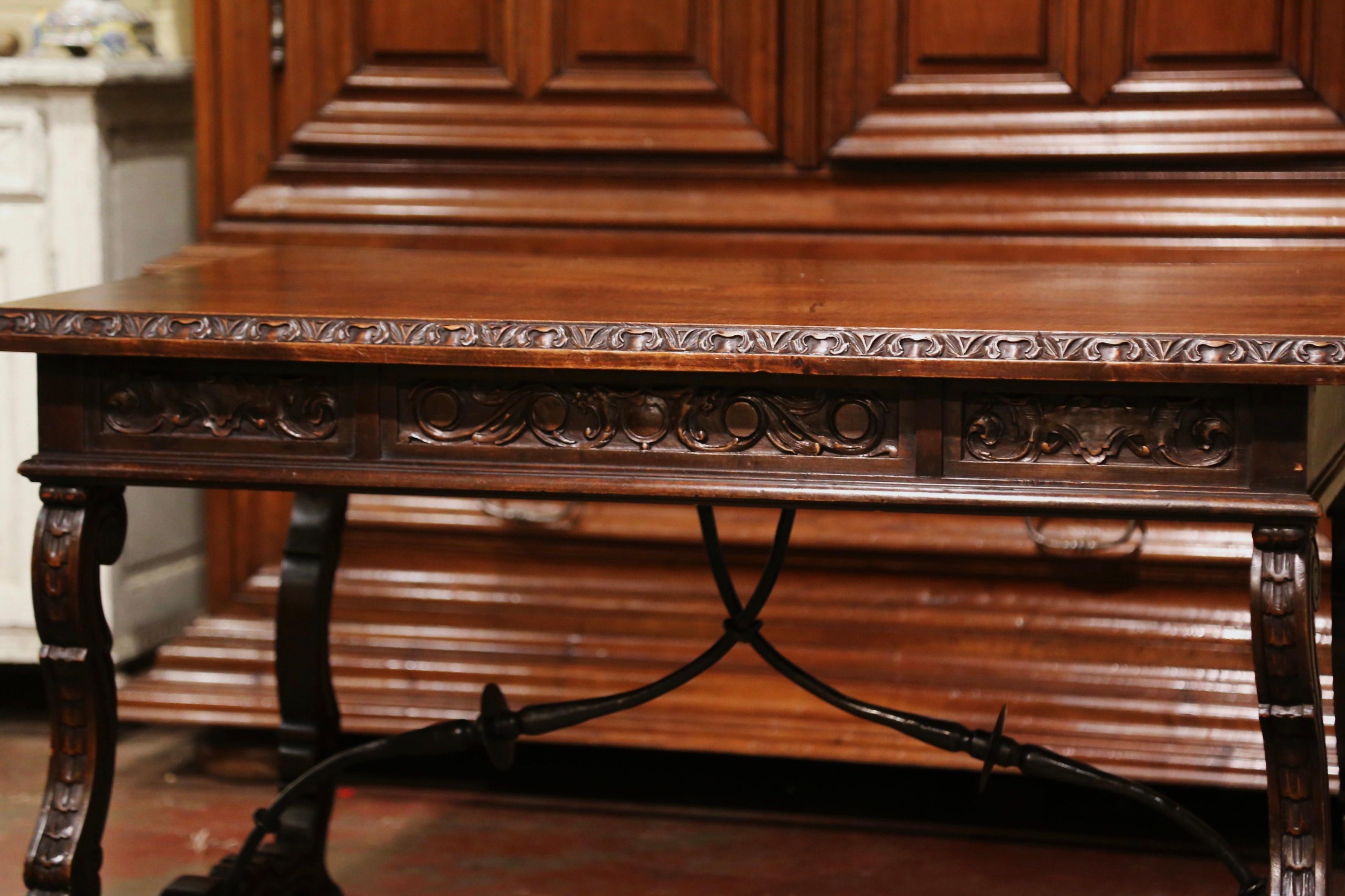 19th Century Spanish Carved Walnut and Iron Writing Table Desk with Drawers 8