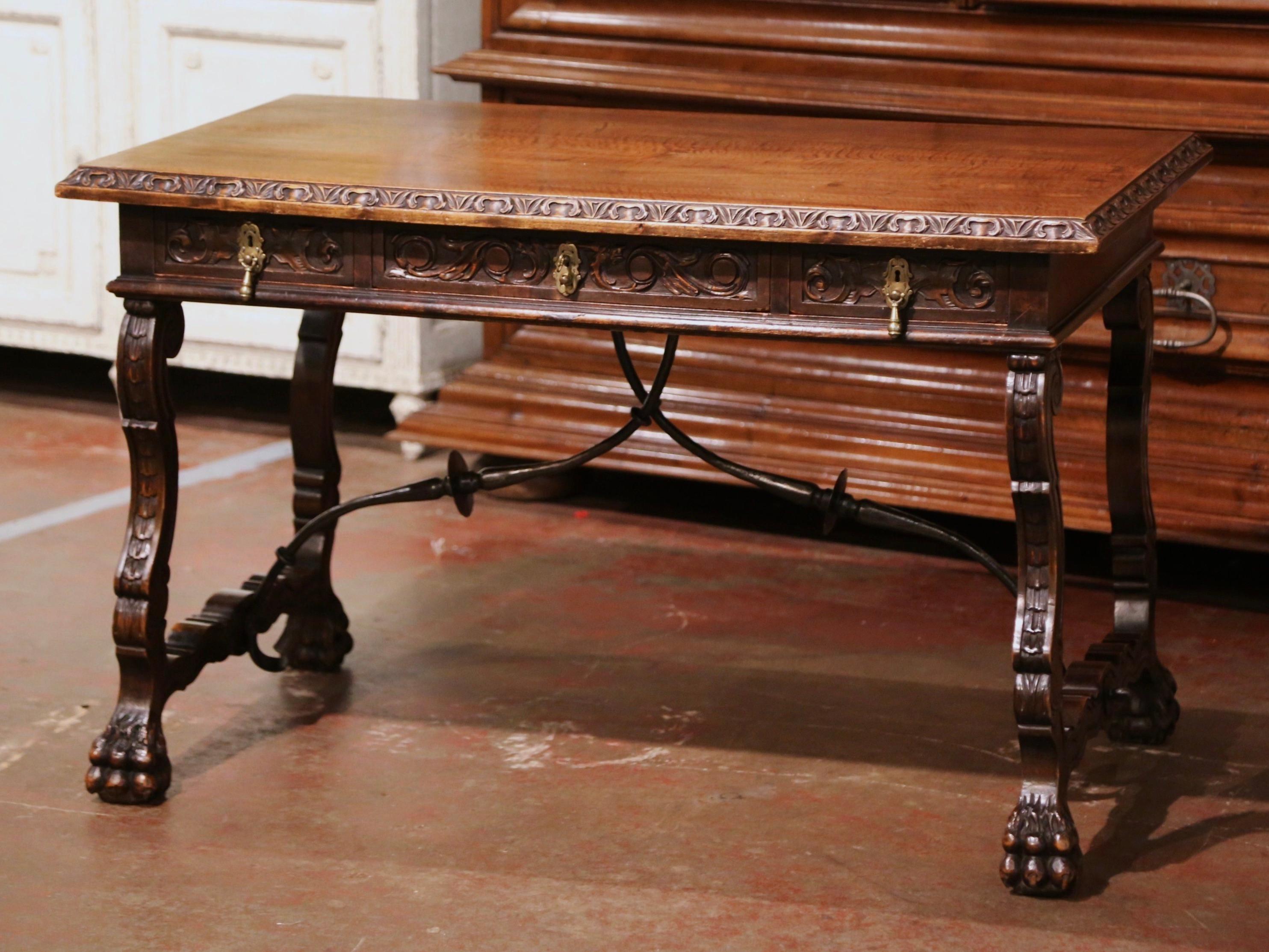 19th Century Spanish Carved Walnut and Iron Writing Table Desk with Drawers In Excellent Condition In Dallas, TX