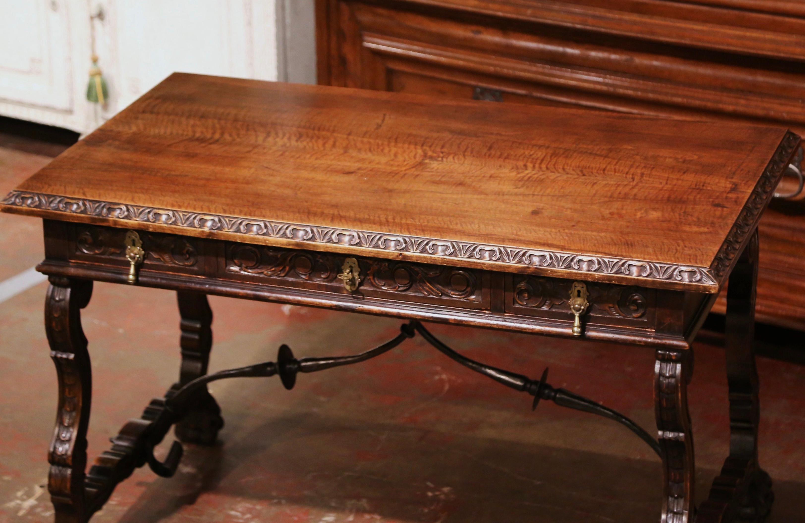19th Century Spanish Carved Walnut and Iron Writing Table Desk with Drawers 1