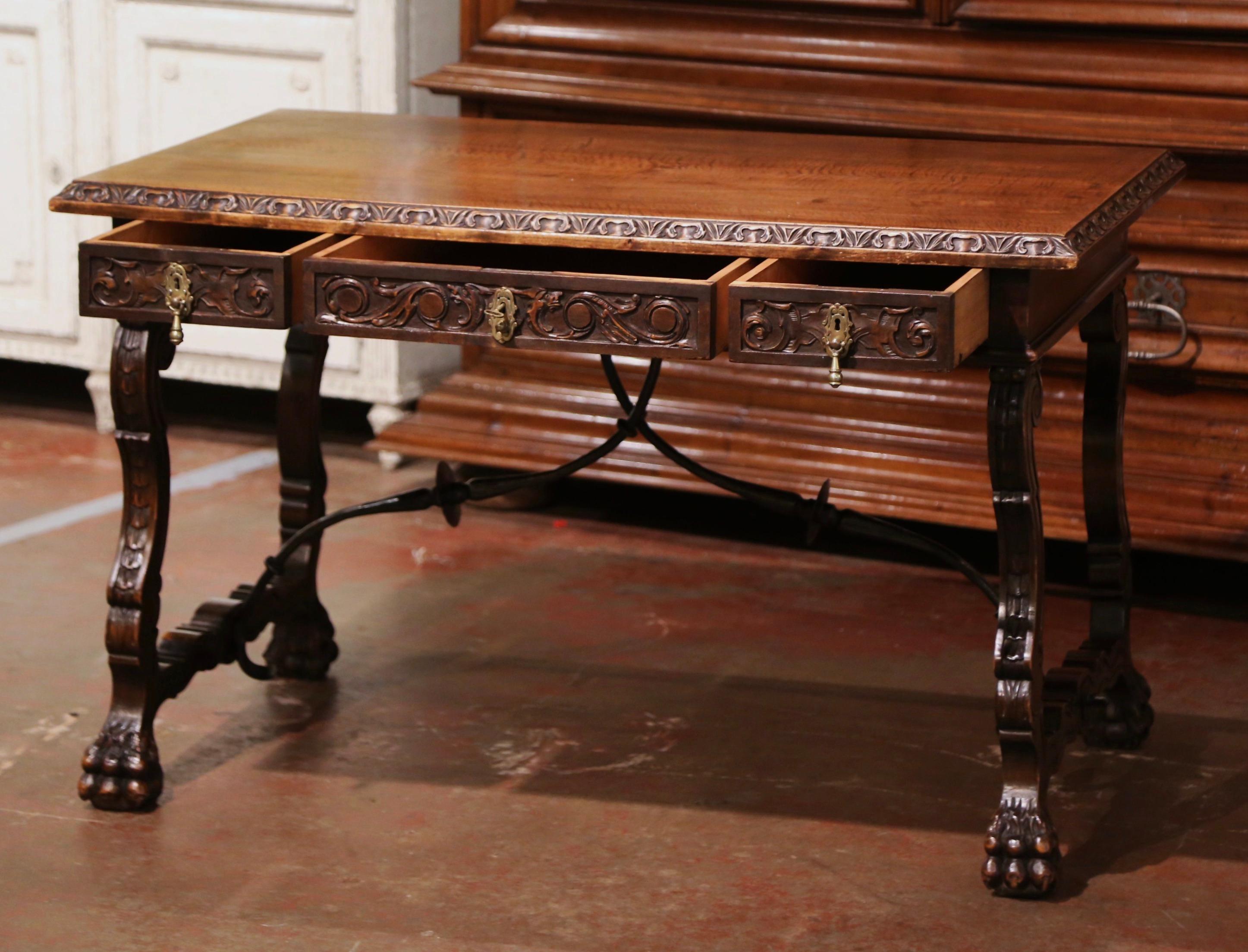 19th Century Spanish Carved Walnut and Iron Writing Table Desk with Drawers 3