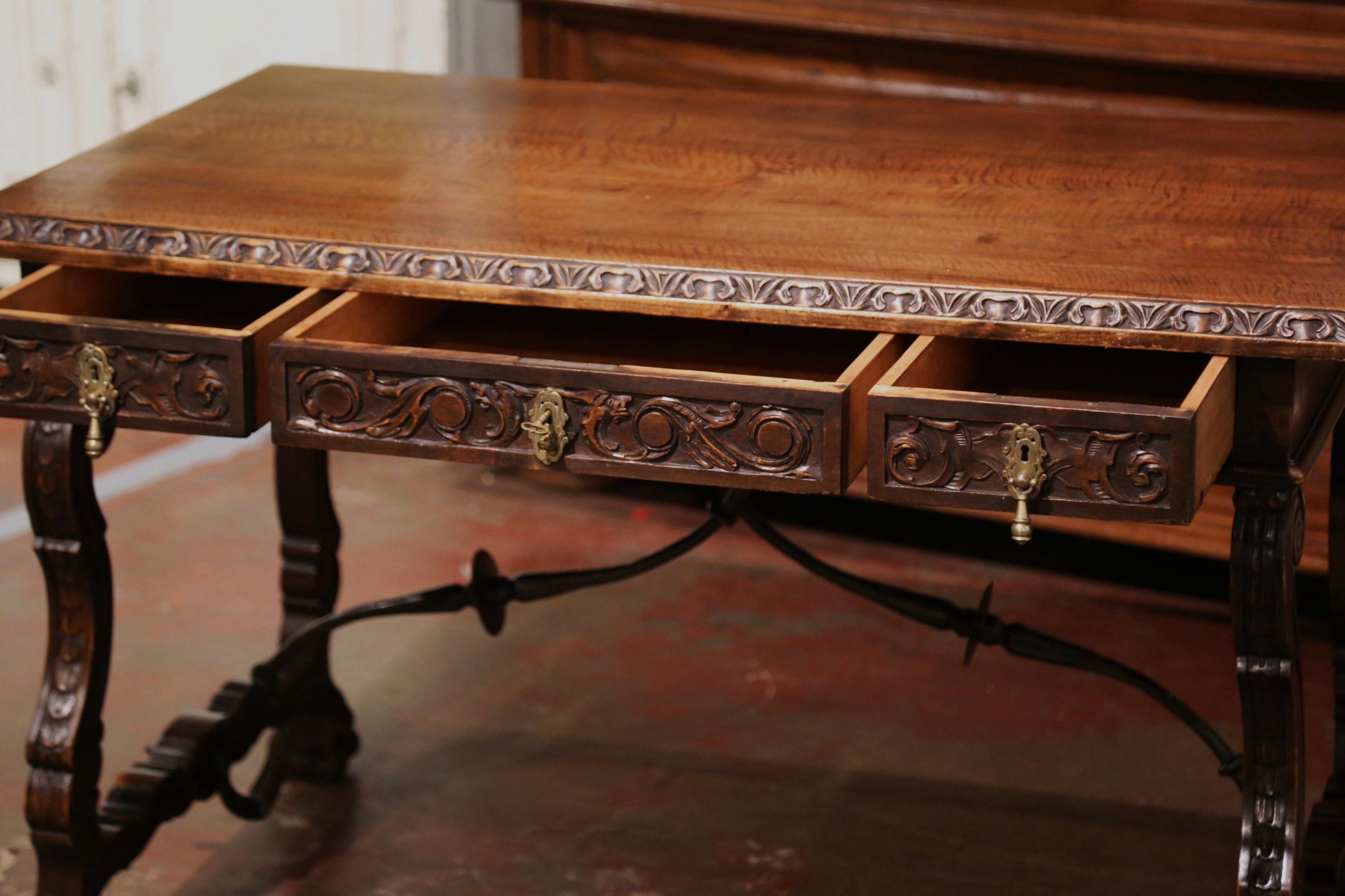 19th Century Spanish Carved Walnut and Iron Writing Table Desk with Drawers 4