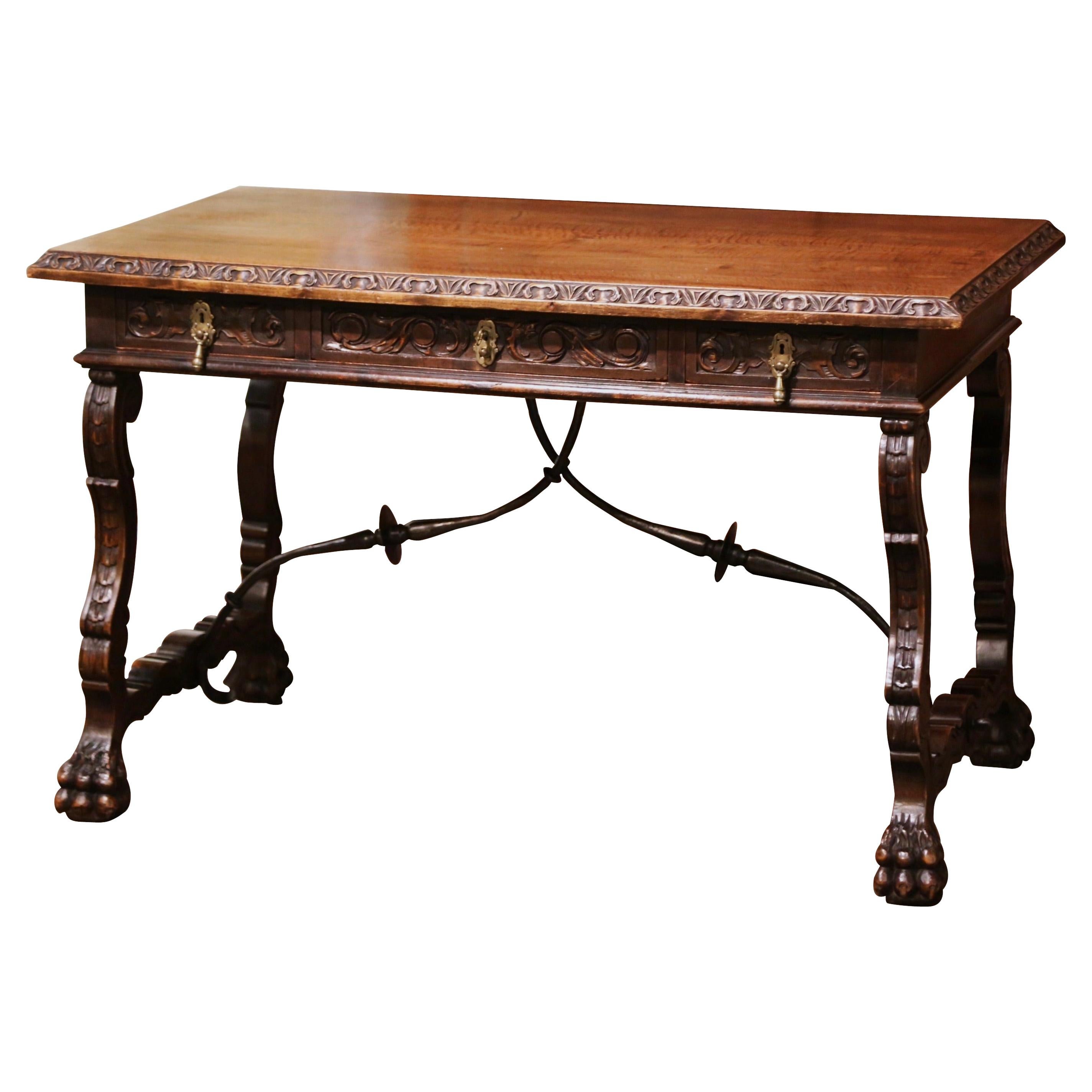 19th Century Spanish Carved Walnut and Iron Writing Table Desk with Drawers