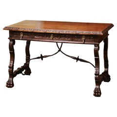 19th Century Spanish Carved Walnut and Iron Writing Table Desk with Drawers