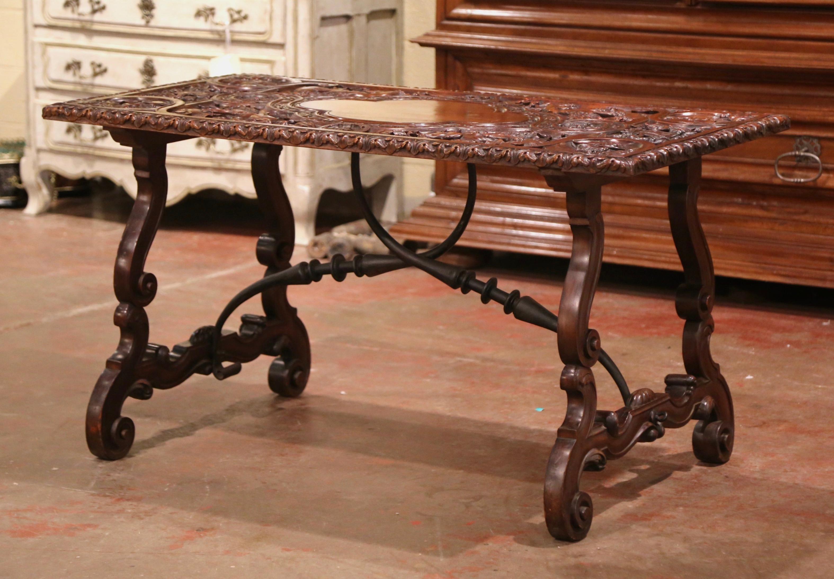 19th Century Spanish Carved Walnut and Wrought Iron Console Center Table In Excellent Condition In Dallas, TX