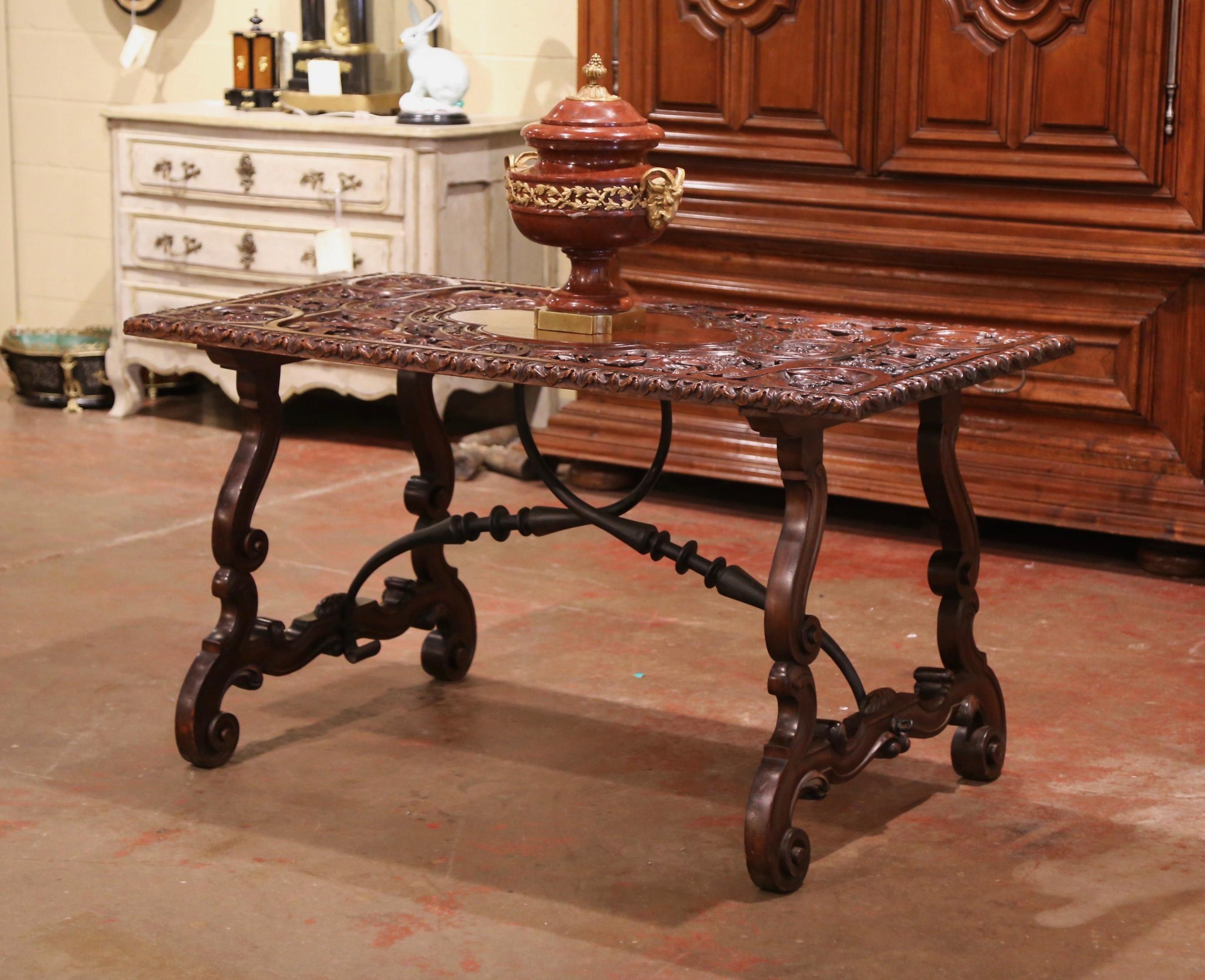 19th Century Spanish Carved Walnut and Wrought Iron Console Center Table 3