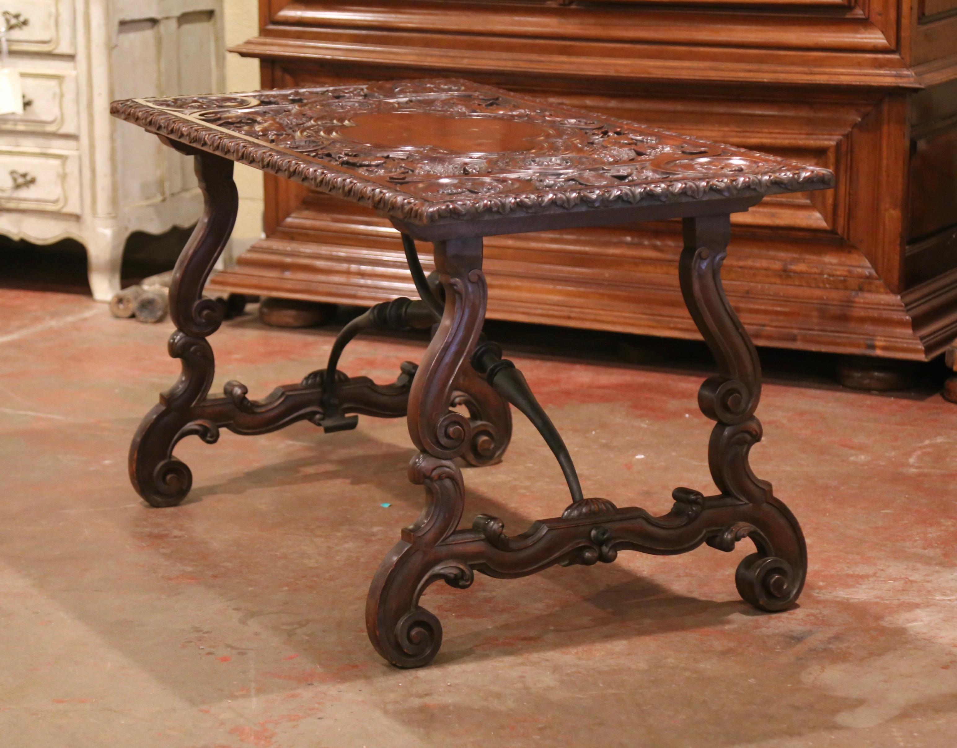 19th Century Spanish Carved Walnut and Wrought Iron Console Center Table 4