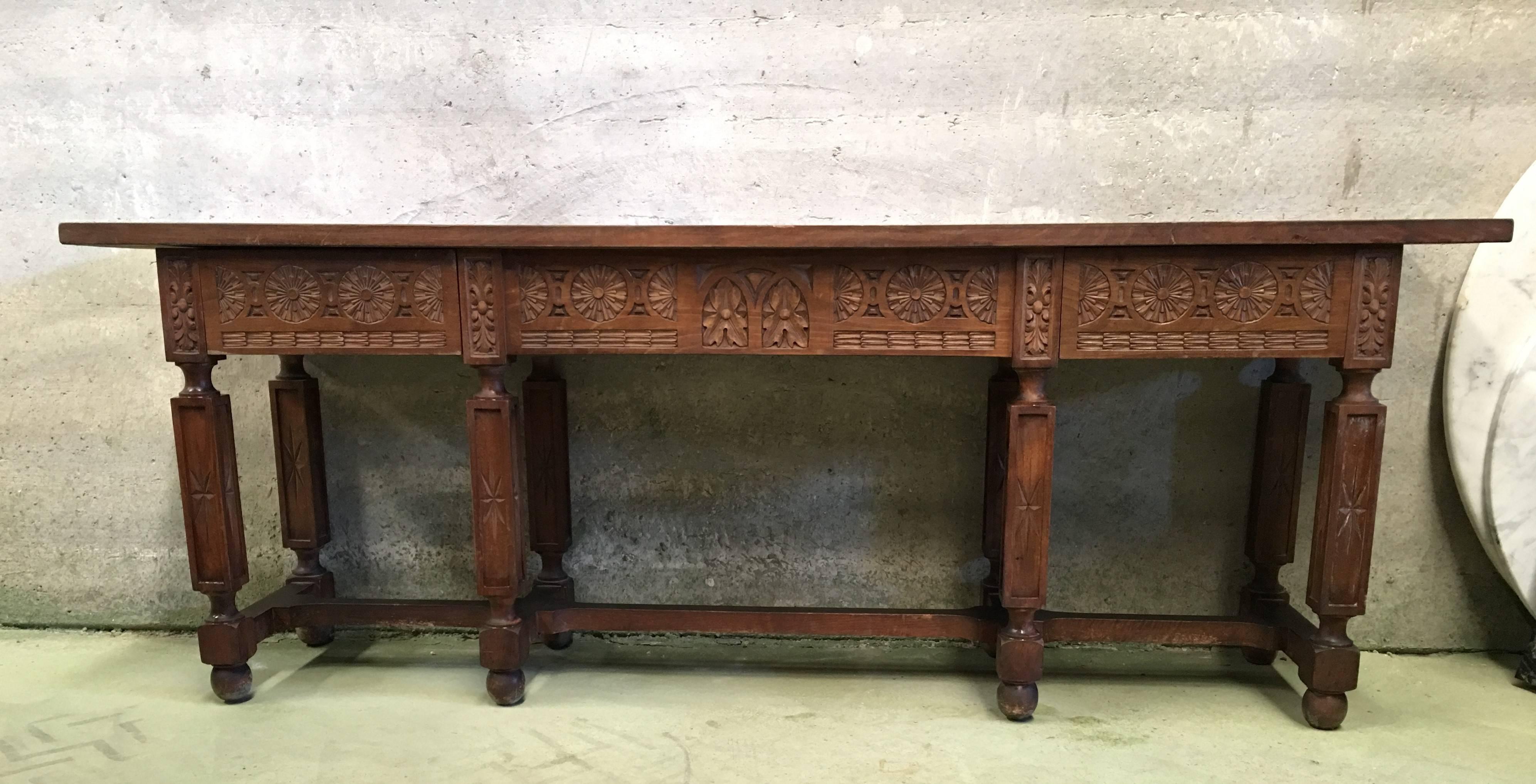 Baroque 19th Century Spanish Carved Walnut Bench or Low Table with Two Drawers