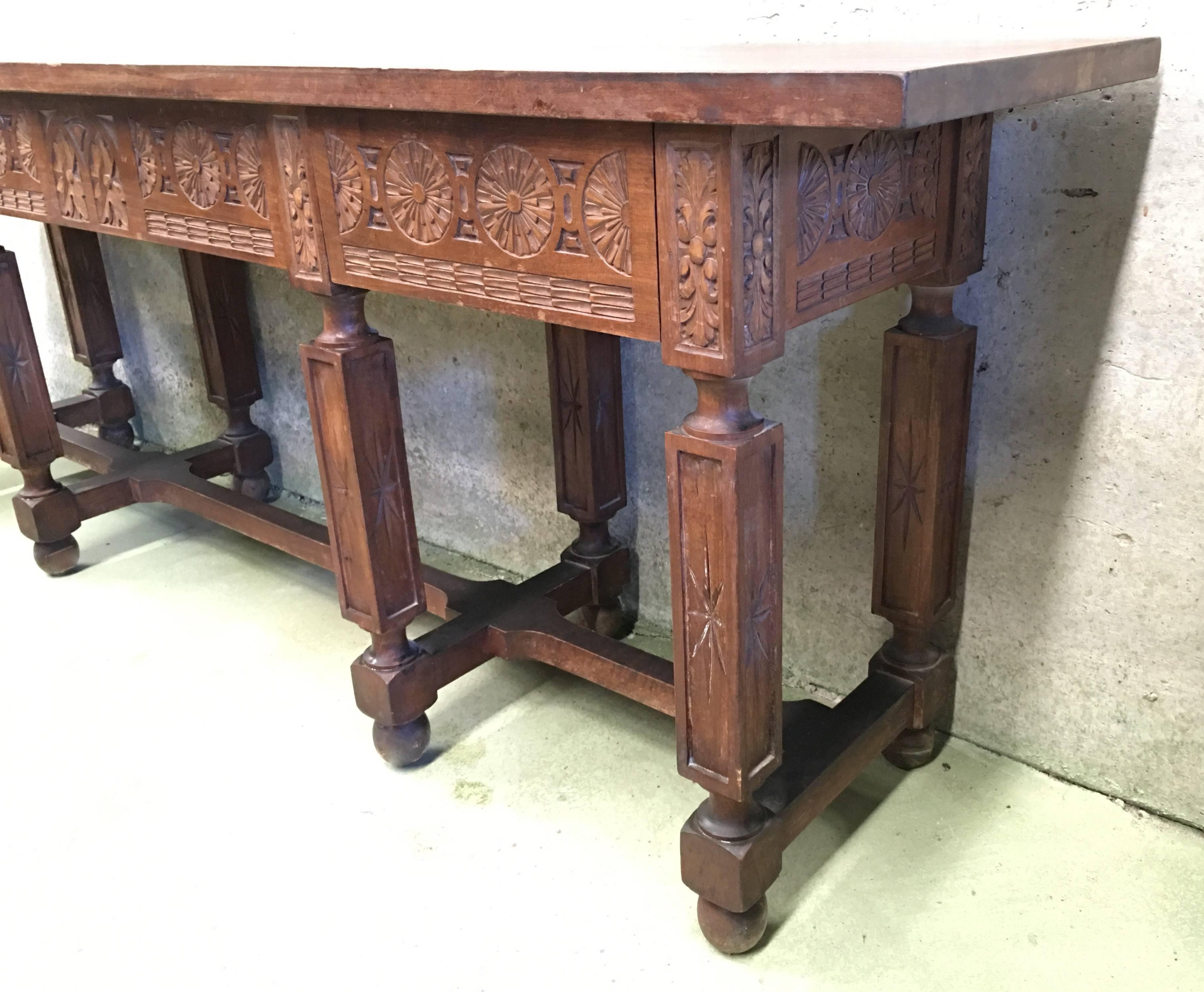 19th Century Spanish Carved Walnut Bench or Low Table with Two Drawers 2