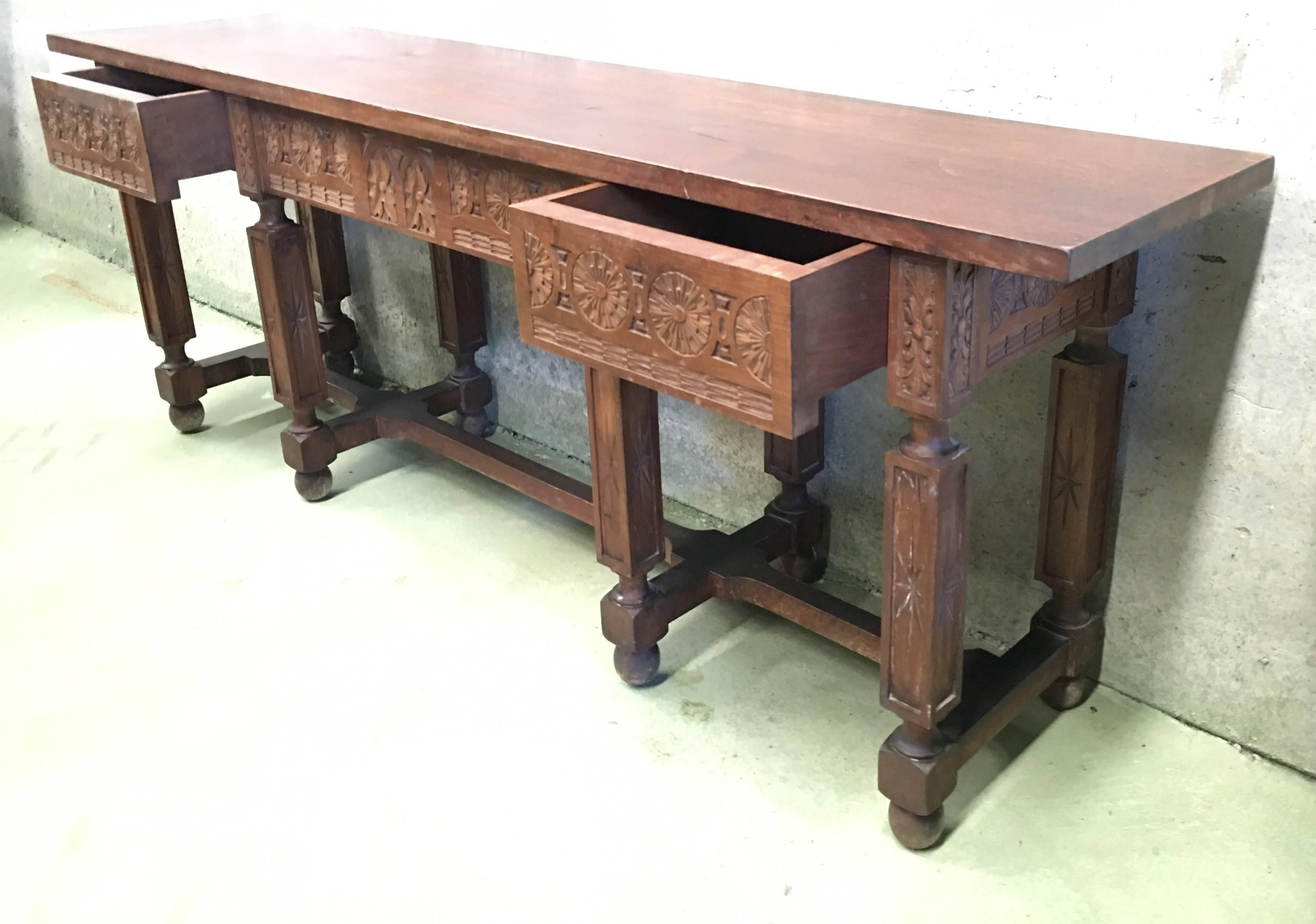 19th Century Spanish Carved Walnut Bench or Low Table with Two Drawers 3