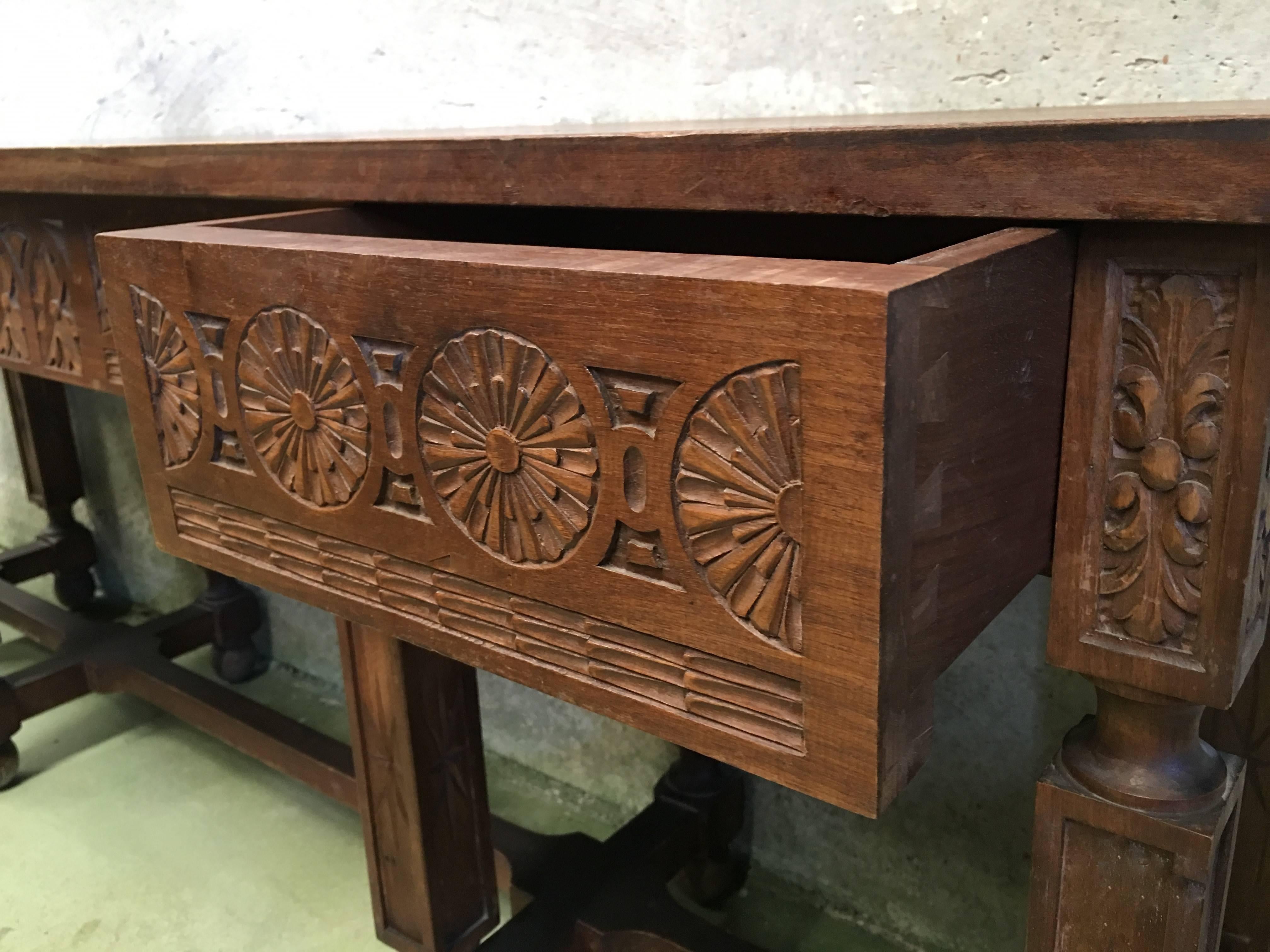 19th Century Spanish Carved Walnut Bench or Low Table with Two Drawers 4