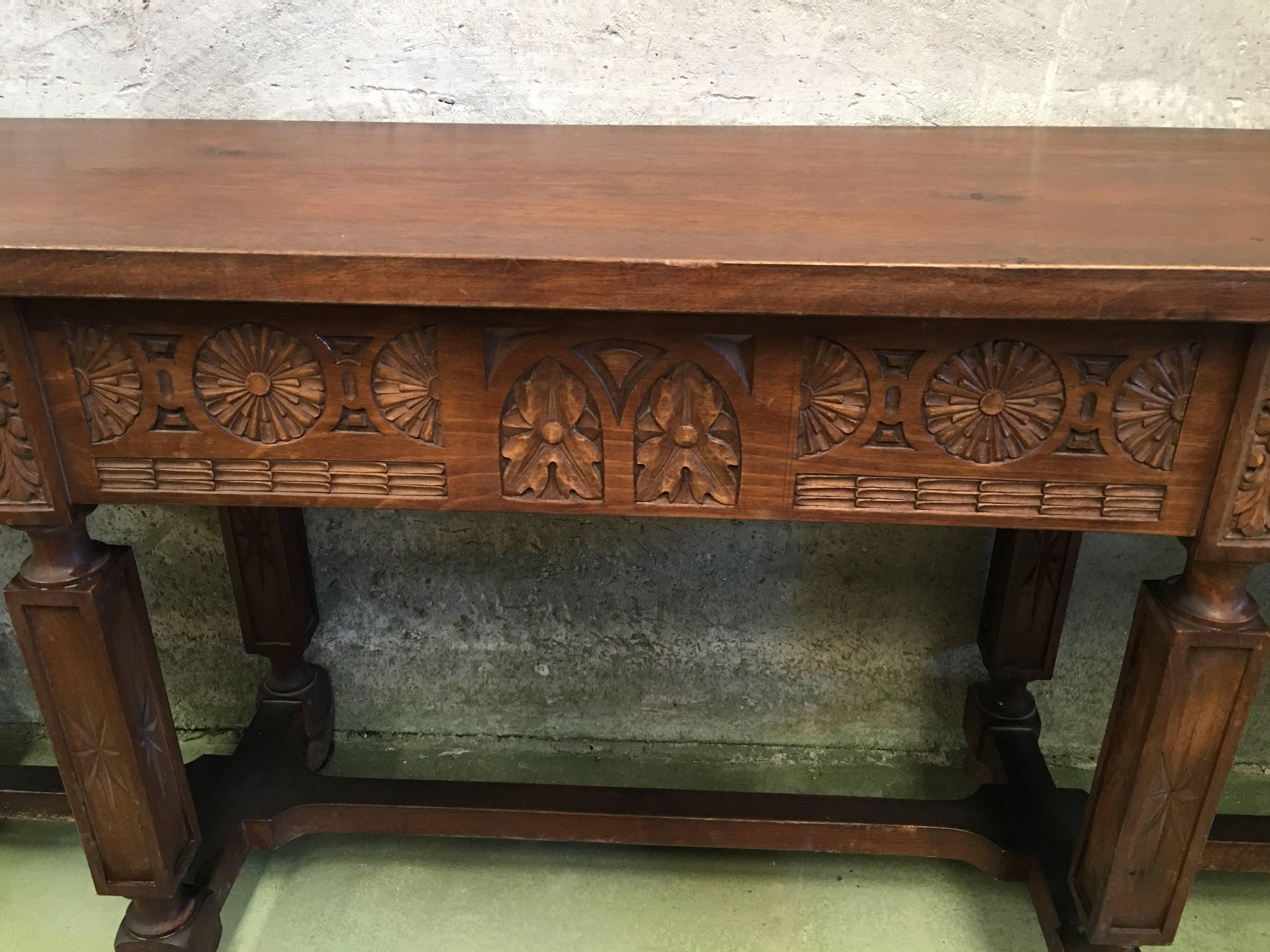 19th Century Spanish Carved Walnut Bench or Low Table with Two Drawers 5