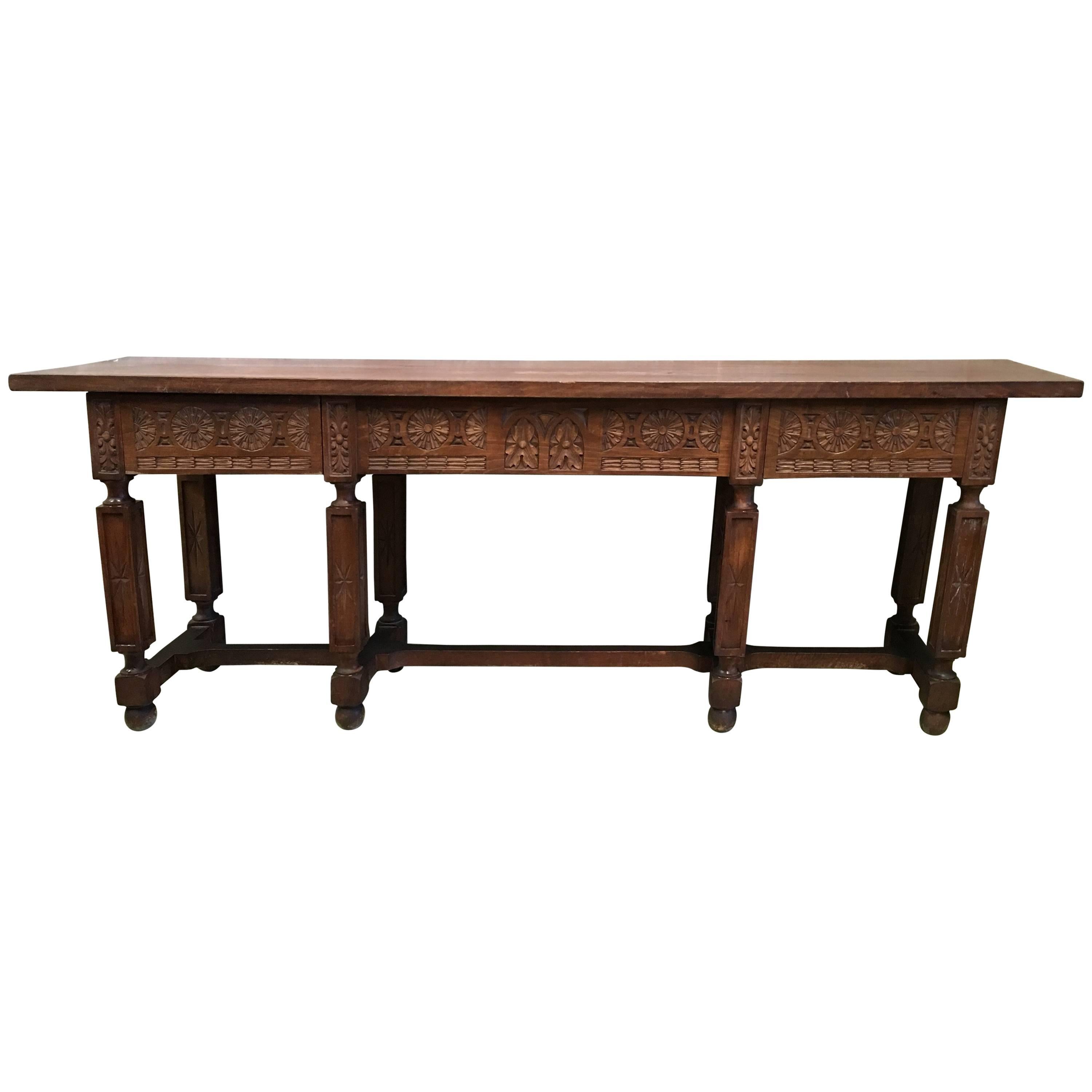 19th Century Spanish Carved Walnut Bench or Low Table with Two Drawers