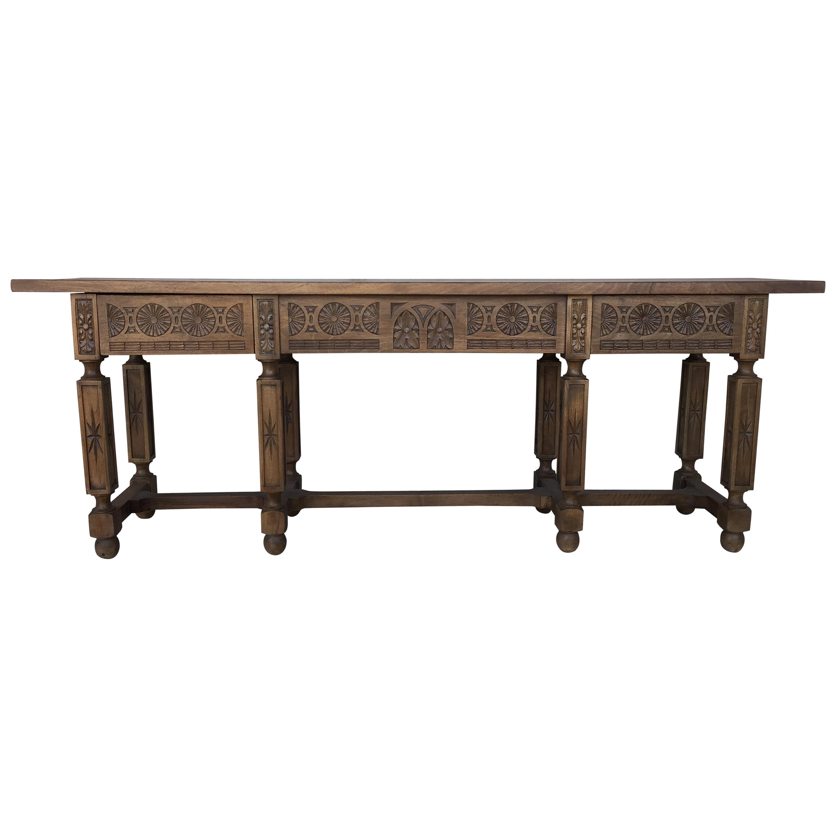 19th Century Spanish Carved Walnut Bench or Low Table with Two Drawers