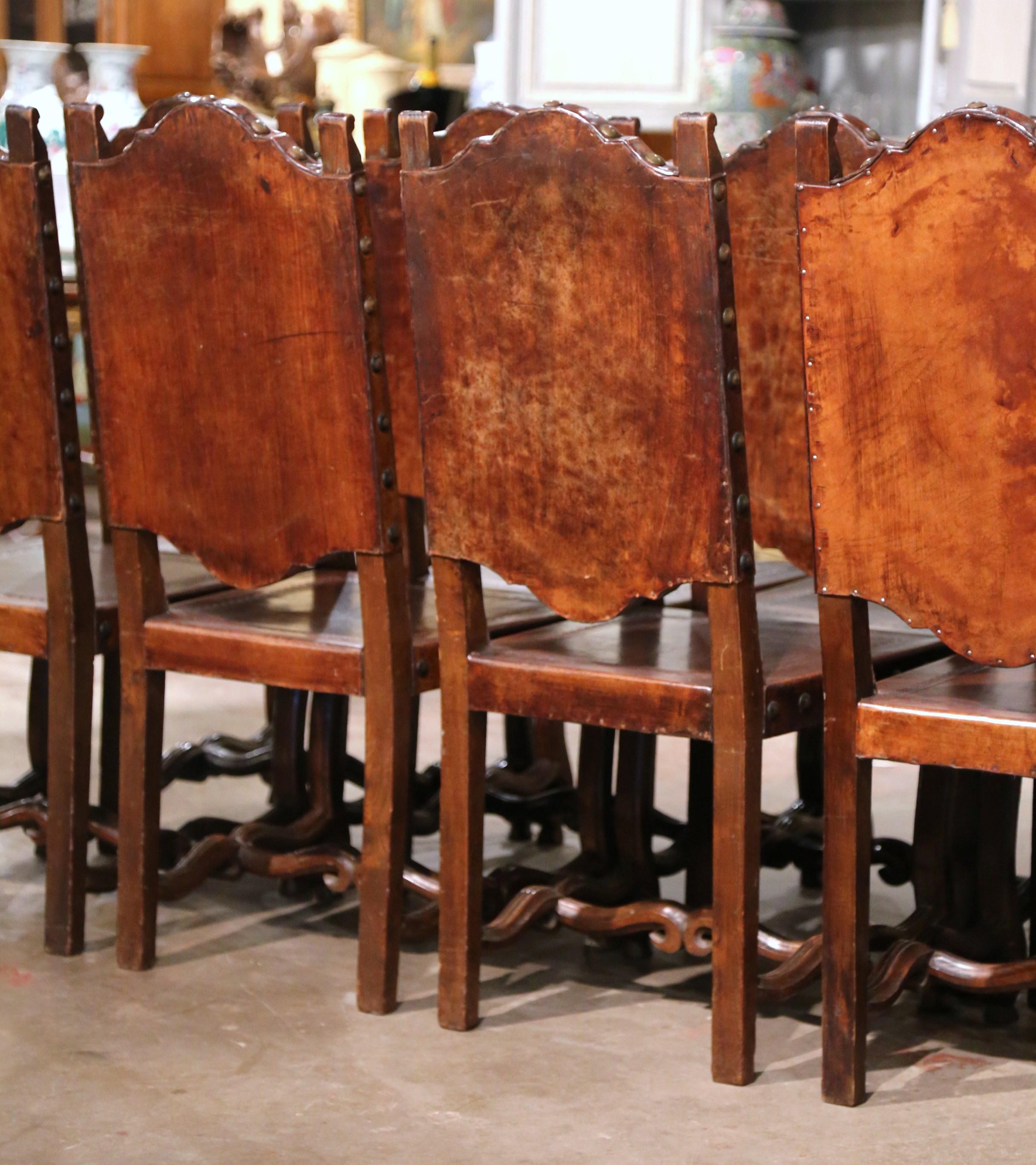  19th Century Spanish Carved Walnut Chairs with Embossed Leather, Set of Eight 5