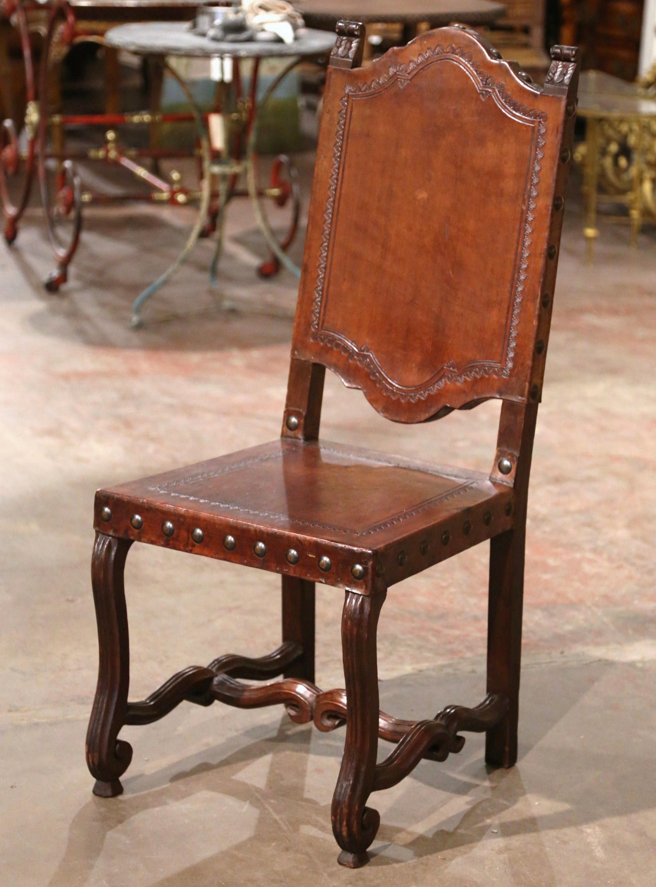  19th Century Spanish Carved Walnut Chairs with Embossed Leather, Set of Eight 6
