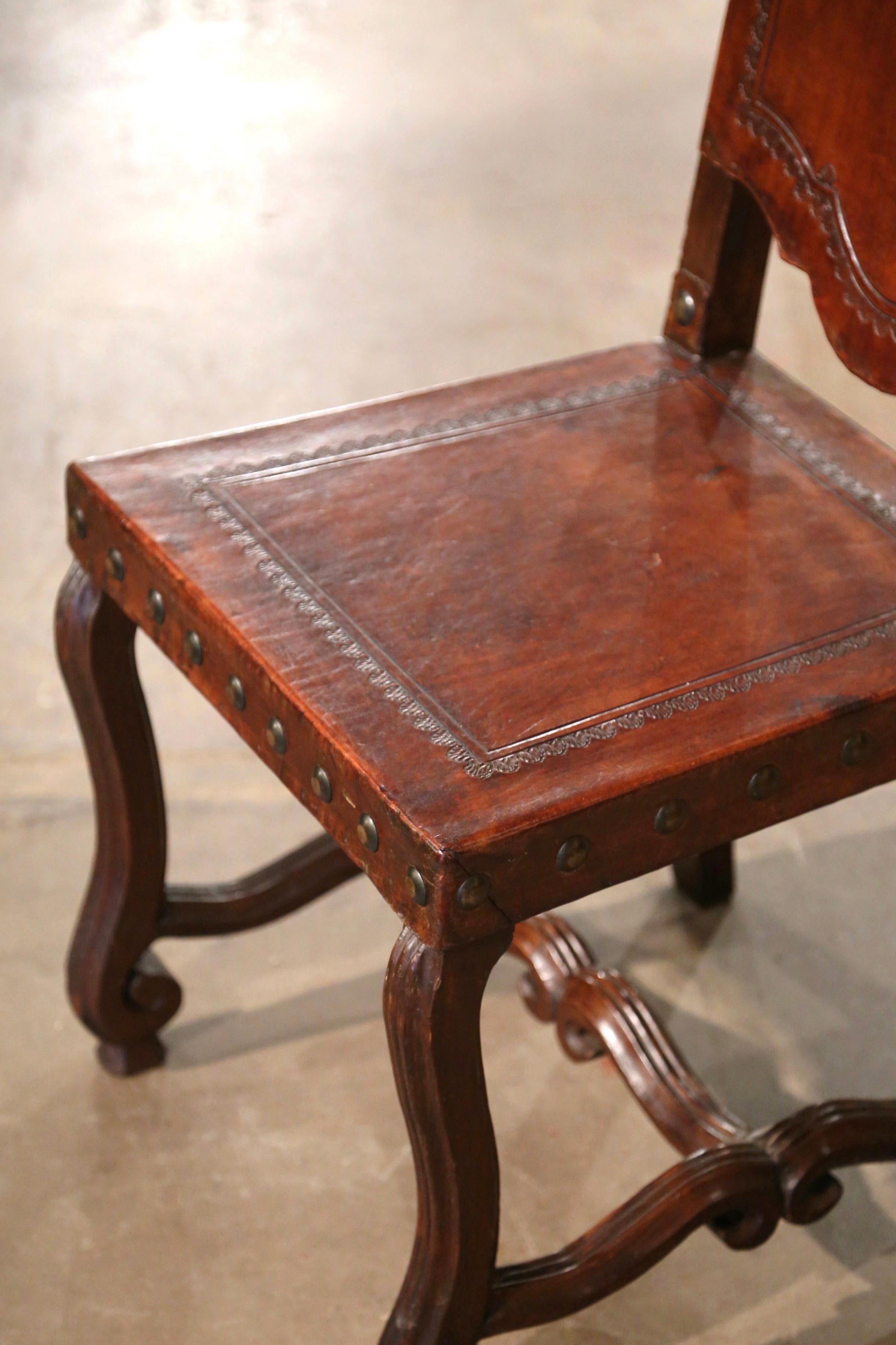  19th Century Spanish Carved Walnut Chairs with Embossed Leather, Set of Eight 7