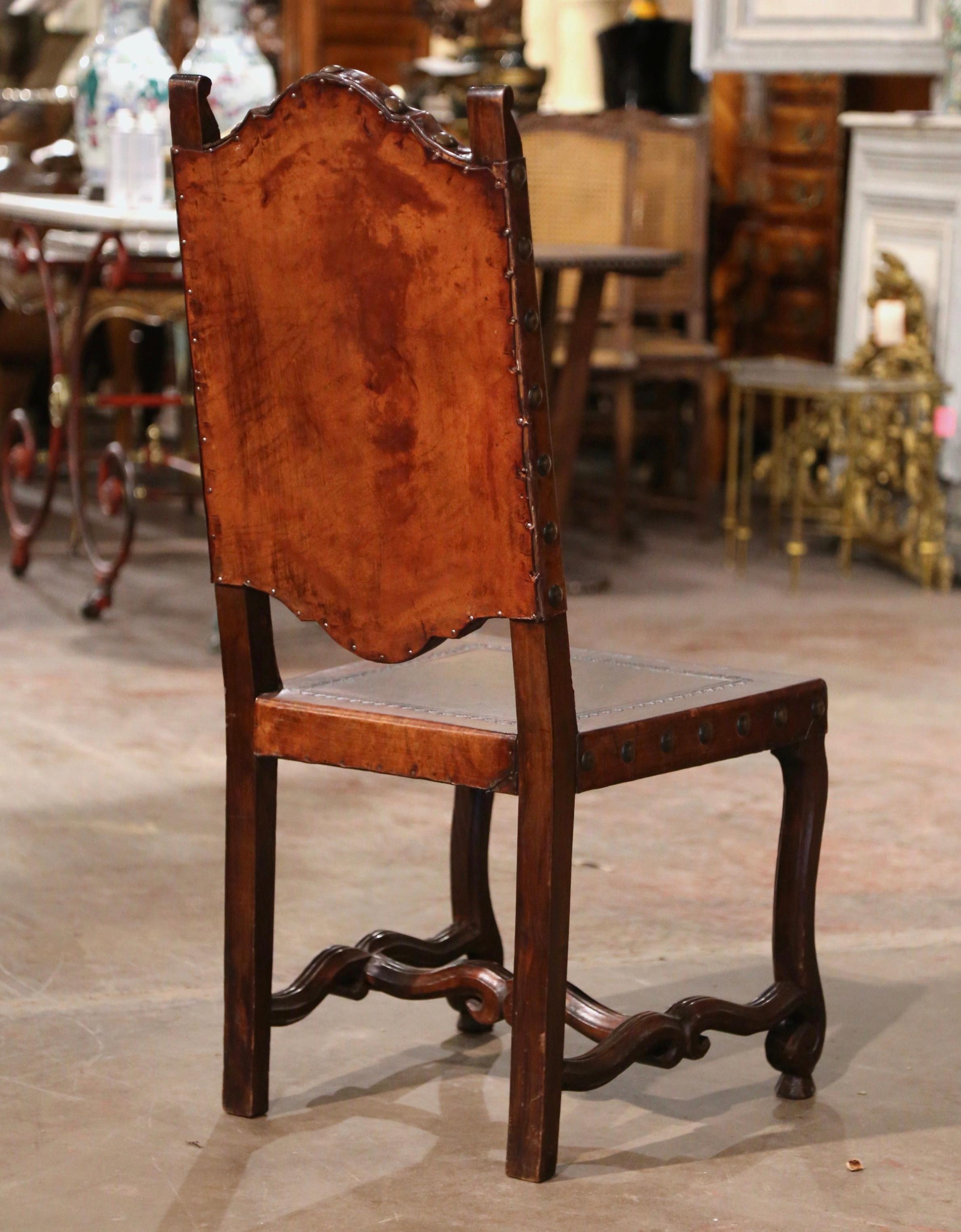  19th Century Spanish Carved Walnut Chairs with Embossed Leather, Set of Eight 11